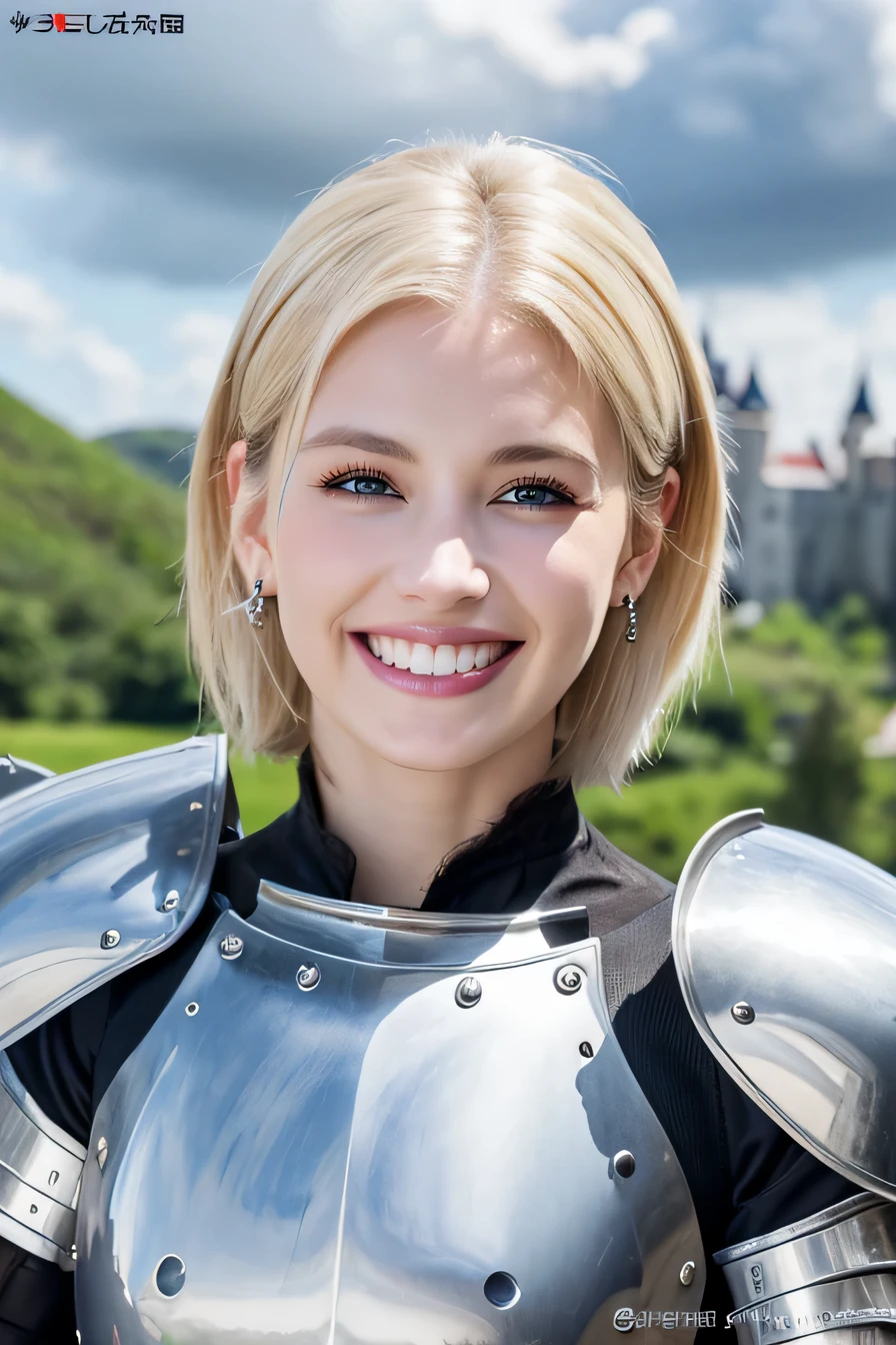 highest quality、８ｋ、female knight、The background is a castle、Luxurious Silver Armor、smile、beautiful teeth、full body photo、hairstyle short cut、ear piercing、white woman、blonde hair、blue eyes、Gummy Smile、The background is a cloudy sky、heavy makeup、mouth half open、fierce々New helmet