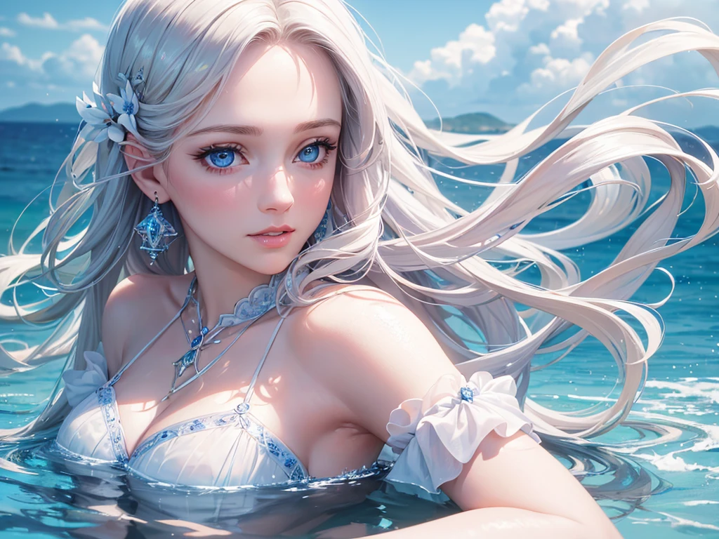 (Highest quality real textured skin),(Abysmal),(Are you okay, round, Symmetrical eyes),Delicate facial features,(Burning bright cold eyes),(She has a mischievous smile),(Her face is kind and beautiful),Glass earrings in the ears,,(Blonde),(Silvery white hair),(Chestnut Hair),(Swimming beneath the waves),(Full body portrait:1.5),(Dramatic Photos:1.4),(Dramatic Pose),(Flashy photos)(Look up),(Looking down),(Around her neck hangs a simple necklace crafted with intricate artistry),Cluttered picture,(Her hair flows with the water:1.5),(In the water, Life at sea, 美しいCoral Reef, fish),(Background vortices and currents),(Dramatic Light),(Nice views),(美しいfishに囲まれて),遠くの背景にはCoral Reefに沈んだ寺院が見える,Coral Reef,Spectacular realism,Cinematic feel,(High-density image review:1.5),(Soft colors:1.2),Super detailed,Dramatic Light,(Intricate details:1.1),Complex background,