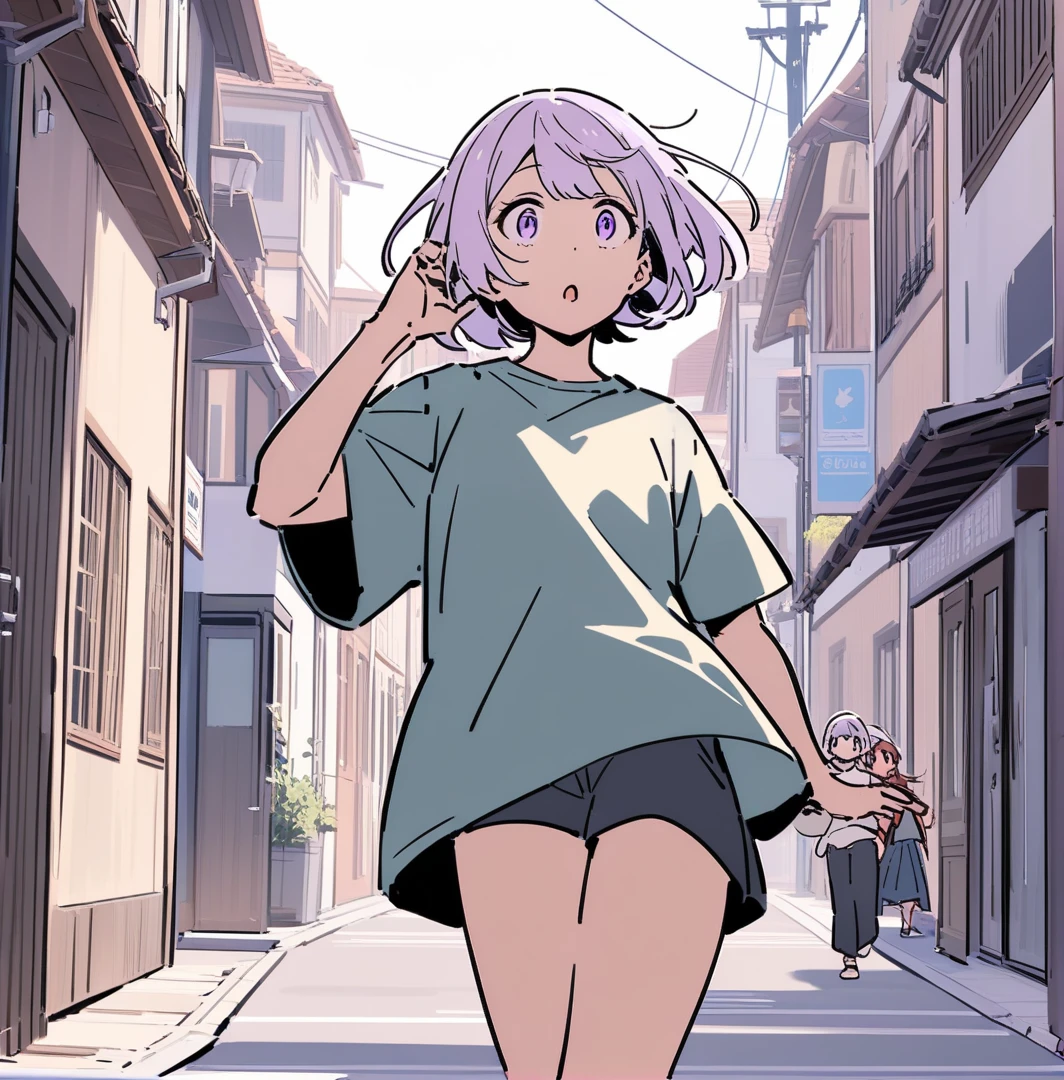 Fille anime de couleur de peau blanche avec un casque filliaire noir et un t-shirt colle roulé collé au corps blanc, and a black freighter with a shocked look walking down the street