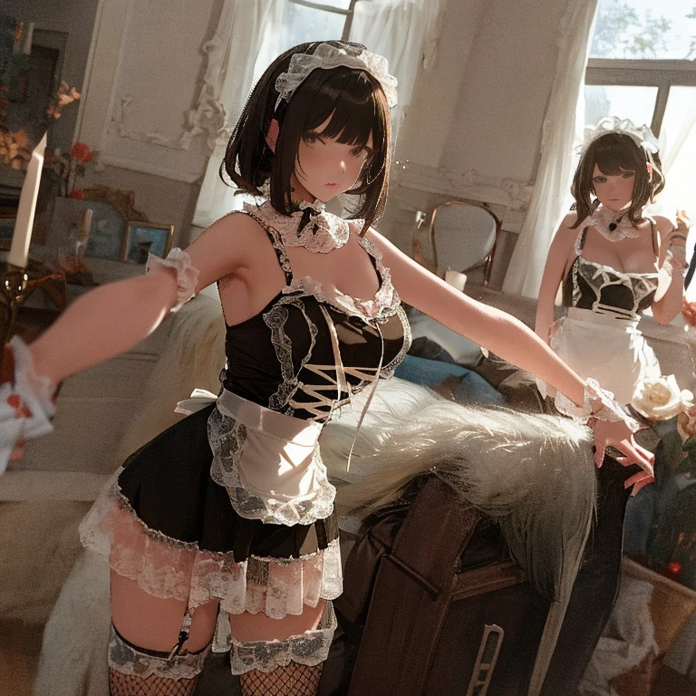 A group of  maids, (in kitchen), various hair styles, harem, wearing maid clothes, night, details face, short skirt, seducing, armpits 