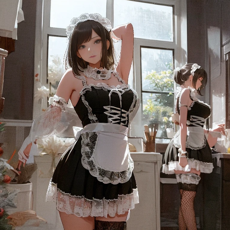 A group of  maids, (in kitchen), various hair styles, harem, wearing maid clothes, night, details face, short skirt, seducing, armpits 