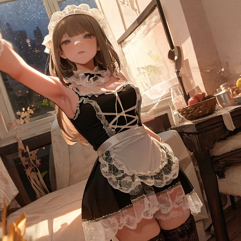 A group of  maids, (in kitchen), various hair styles, harem, wearing maid clothes, night, details face, short skirt, seducing, armpits 