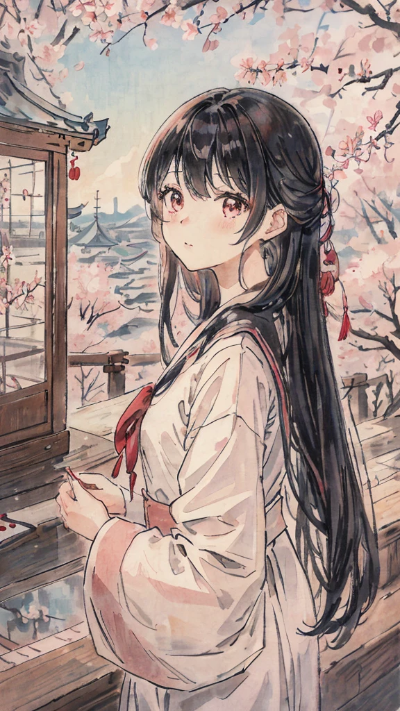 sailor suit、teenage girl、soft lighting、more pale、black hairの、Floral,cherry blossomsのWind景, highest quality, masterpiece, very detailed, detailed background, anime, 1 girl, young girl, SF, cherry blossoms, outdoor, morning, greenhouse, giant structure, Wind景, scenery, horizon, cherry blossomsの木を見上げる, Wind, avert your eyes, atmosphere lighting, focus only, close, From the side, Depth of written boundary,black hair,detailed face
