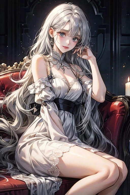 droopy eye、Brown eyelids on face、、smile、23 year old female、woman wearing a dress、long hair girl、((long hair girl))、Girl with bangs、detailed face、cute face、((best image quality))、mole、lace dress、White and purple clothes、white dress、hair arrangement、half up、simple background、woman sitting、white high heels、close ~ eye、silver hair、水色のeye、青いeye