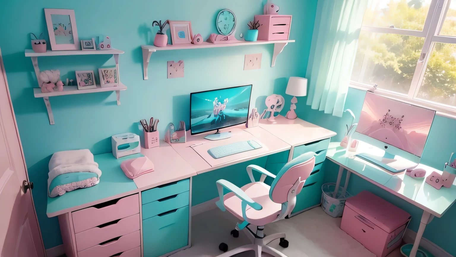 bedroom、Use turquoise and pale pink as your main colors.、pastel colour、PC and monitor、gaming room、A cute girly vibe、Cute atmosphere、delivery room、single room