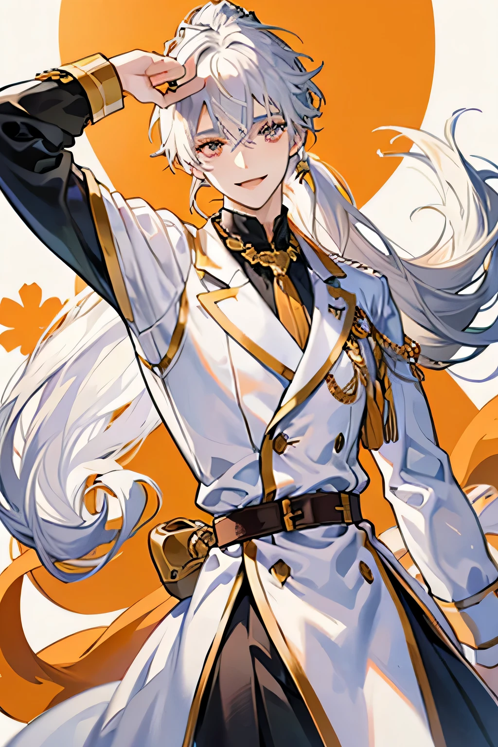 white haired anime boy with long high ponytail left eye white right eye orange with a big smile and happy expression