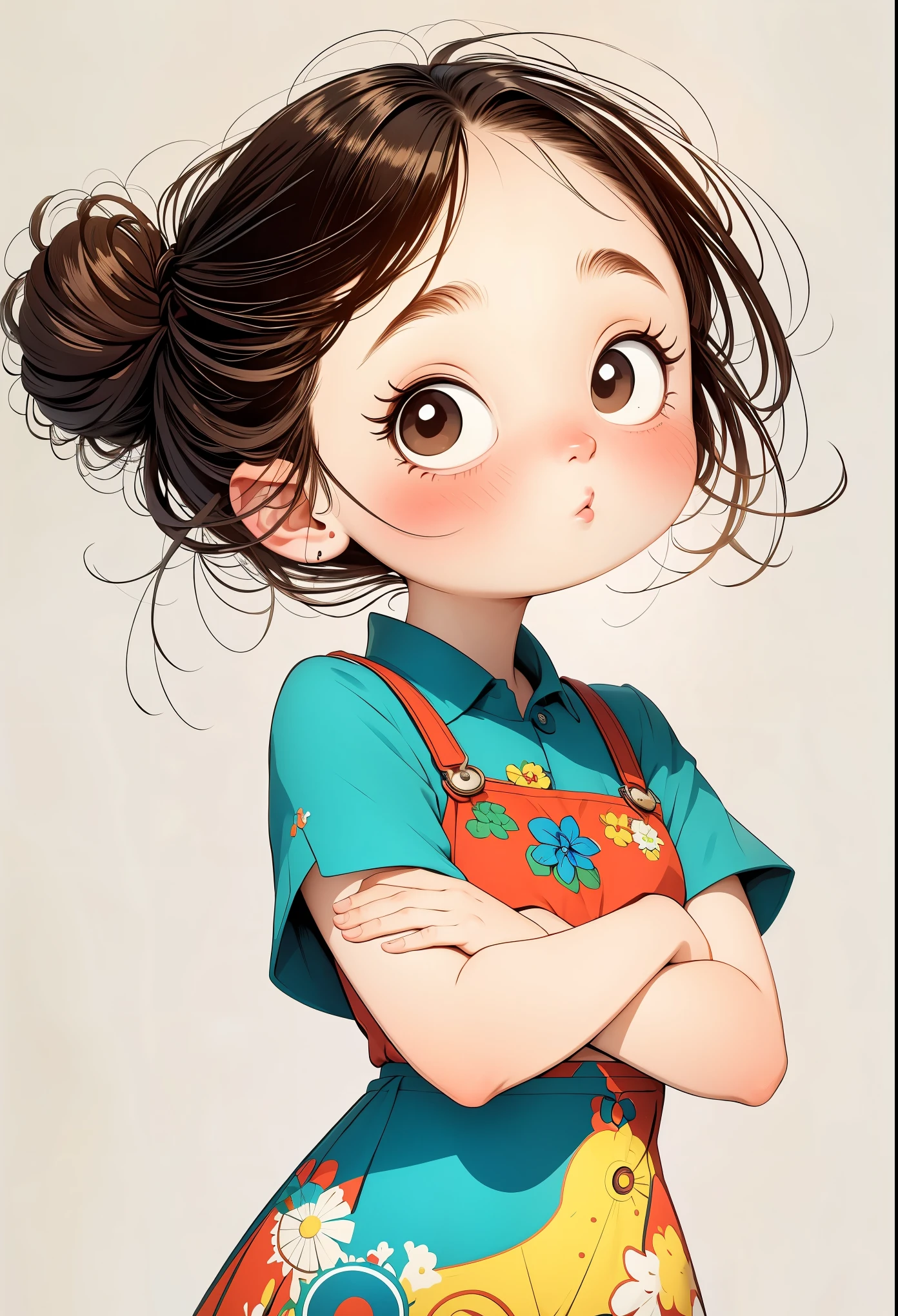 (masterpiece, best quality:1.2), cartoonish character design。1 girl, alone，big eyes，Cute expression，hand，portrait，interesting，interesting，clean lines，Human anatomy is correct
