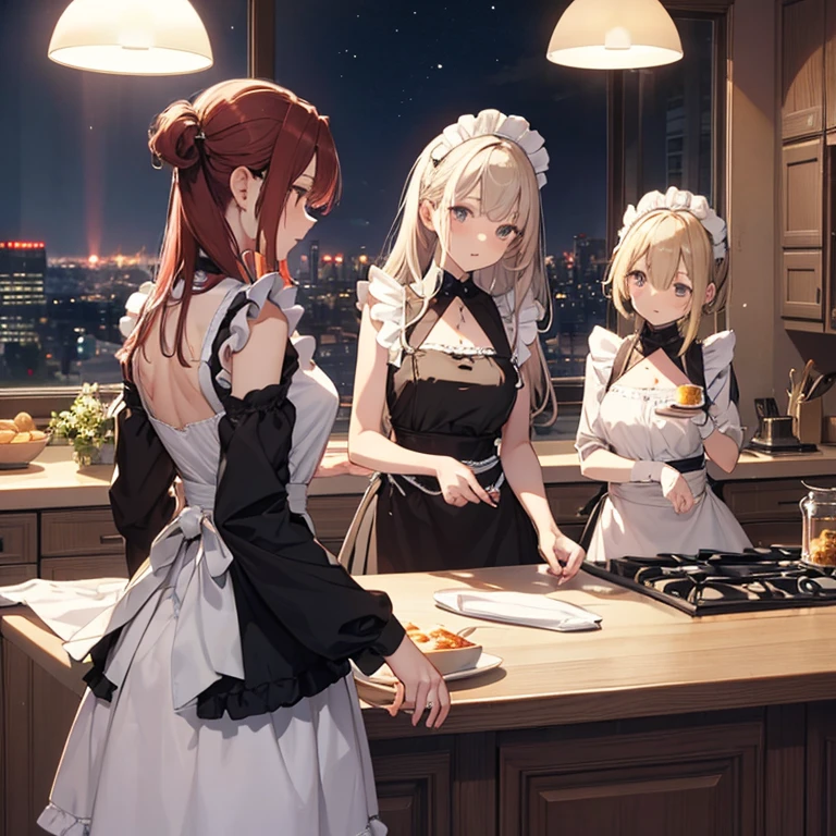 A group of maids, (in kitchen), various hair styles, harem, wearing maid clothes, night, details face, short skirt, seducing, sleeveless