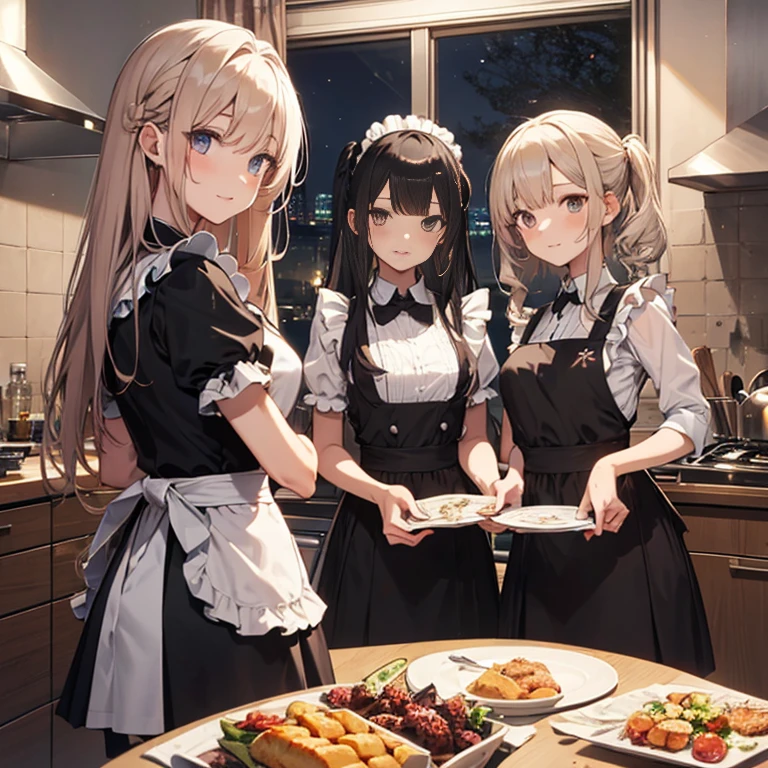 A group of maids, (in kitchen), various hair styles, harem, wearing maid clothes, night, details face, short skirt, seducing, sleeveless