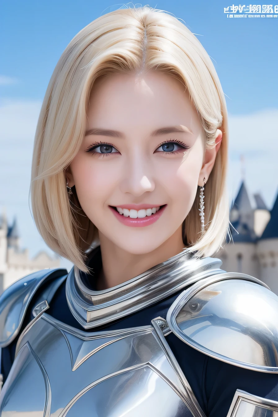 highest quality、8k、female knight、The background is a castle、Luxurious Silver Armor、smile、beautiful teeth、full body photo、hairstyle short cut、ear piercing、white woman、blonde hair、blue eyes、Gummy Smile、The background is a cloudy sky、heavy makeup、mouth half open、fierce々New helmet