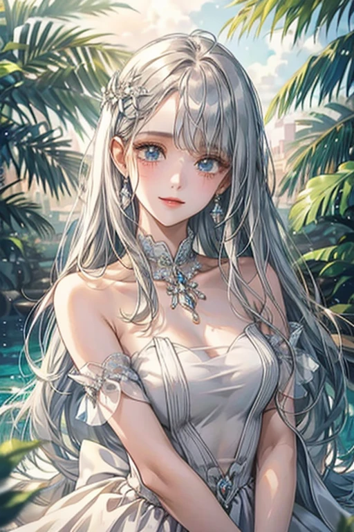 white、Ocean、droopy eyes、Brown eyeballs on face、smile、23 year old female、woman wearing one piece、long hair girl、((long hair girl))、Girl with bangs、detailed face、clean face、((best image quality))、mole、bouquet、bride、Mermaid Dress.silver hair、light blue eyes、heroine、blush、Fresh face、beautiful girl