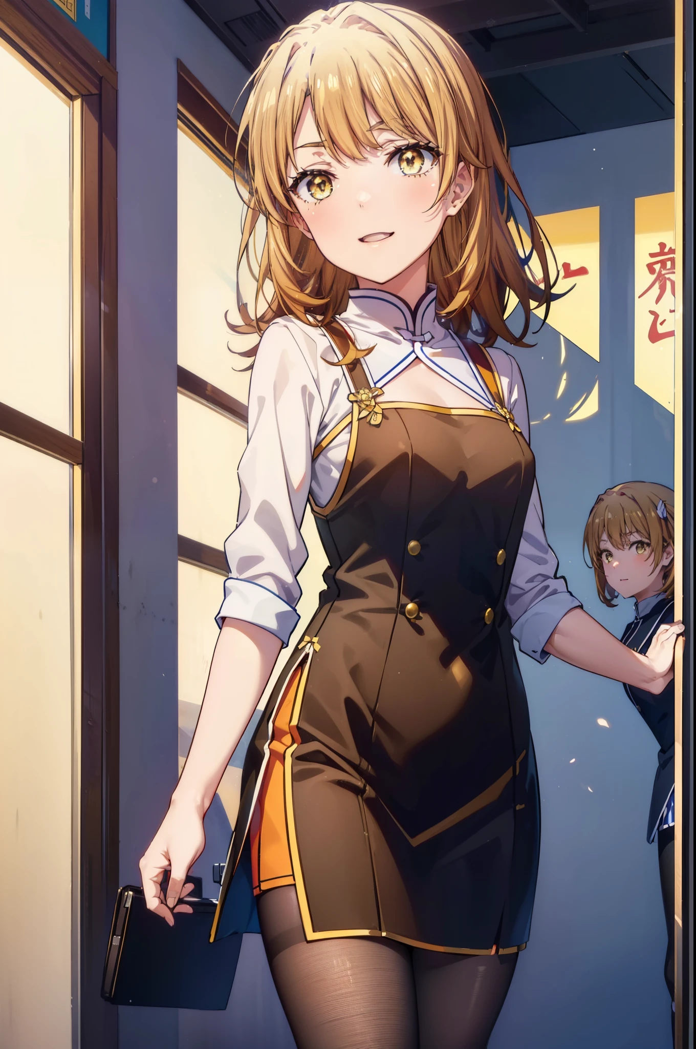 irohaisshiki, iroha isshiki, long hair,brown hair,, (brown eyes:1.5), happy smile, smile, open your mouth,No sleeve,yellow cheongsam clothes,Yellow long slit,Fishnet pantyhose,stiletto heels,whole bodyがイラストに入るように,
break indoors, Chinese Restaurant,
break looking at viewer,whole body,(cowboy shot:1.5),
break (masterpiece:1.2), highest quality, High resolution, unity 8k wallpaper, (shape:0.8), (fine and beautiful eyes:1.6), highly detailed face, perfect lighting, Very detailed CG, (perfect hands, perfect anatomy),