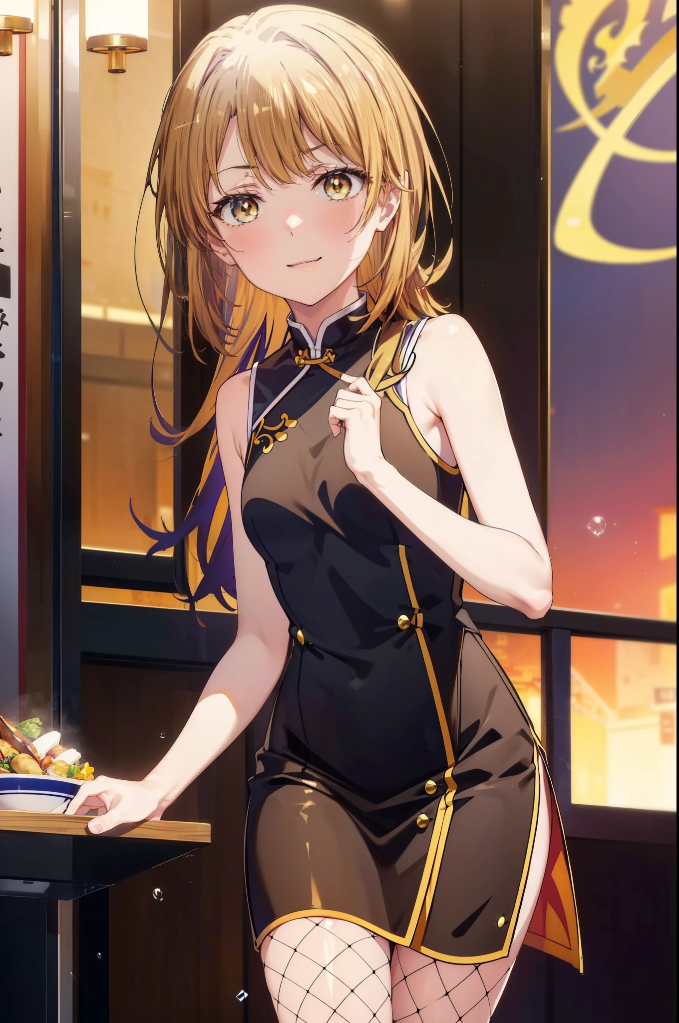irohaisshiki, iroha isshiki, long hair,brown hair,, (brown eyes:1.5), happy smile, smile, open your mouth,No sleeve,yellow cheongsam clothes,Yellow long slit,Fishnet pantyhose,stiletto heels,whole bodyがイラストに入るように,
break indoors, Chinese Restaurant,
break looking at viewer,whole body,(cowboy shot:1.5),
break (masterpiece:1.2), highest quality, High resolution, unity 8k wallpaper, (shape:0.8), (fine and beautiful eyes:1.6), highly detailed face, perfect lighting, Very detailed CG, (perfect hands, perfect anatomy),