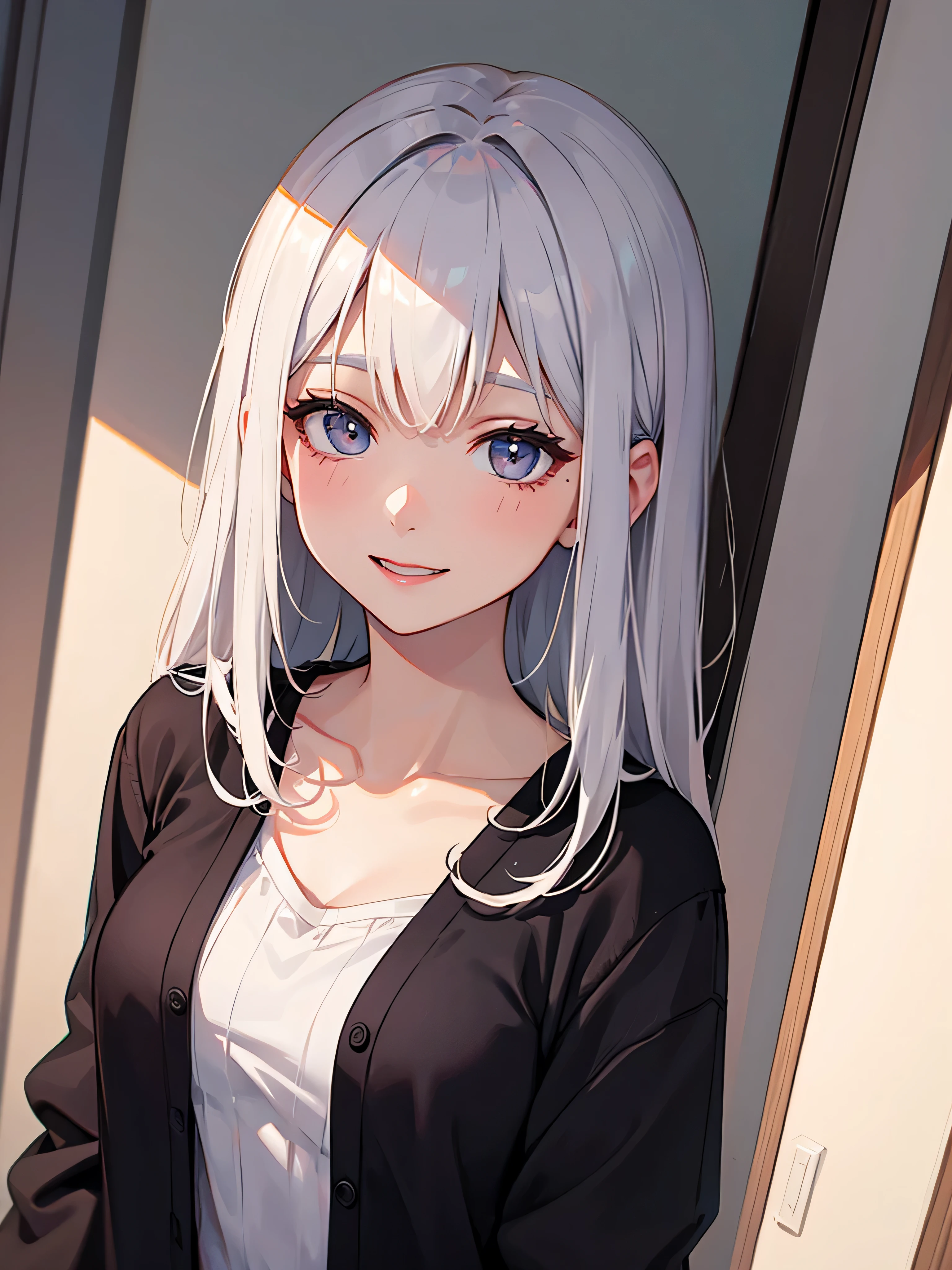 cardigan、laughter、room、8K、delicate face、detailed face、simple background