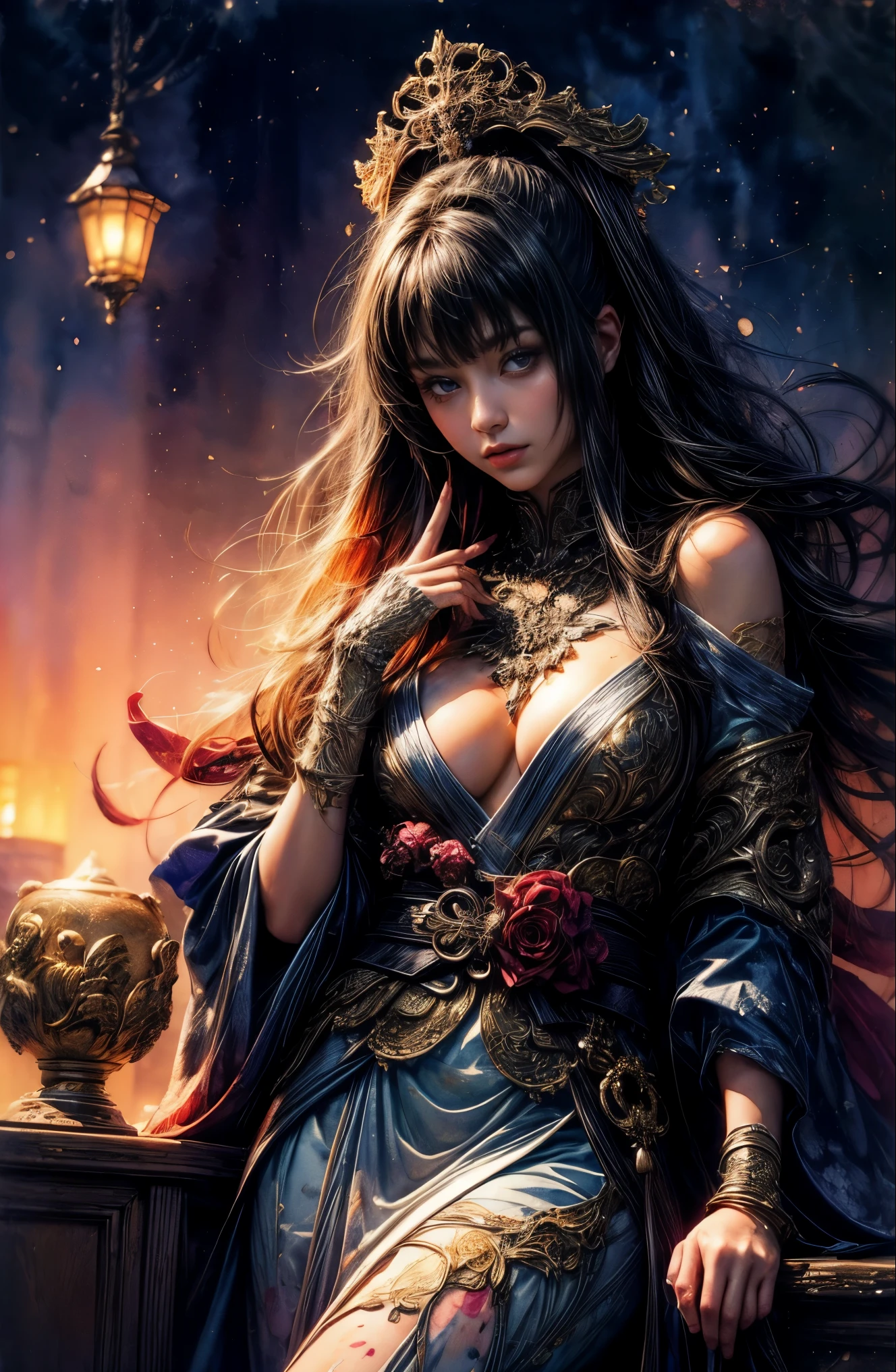 (table top, highest qualityの, highest quality, official art, (beautiful and aesthetic:1.4), (watercolor painting:1.4) ), (Tsukuyomi:1.5), 日本god話のgod様々々, fleeting beauty, 星空に照らされるgod秘的な存在, god'grace, Calm and meditative look, flowing heavenly clothes, A dazzling silver glow illuminates the night view, Dance of shadows and lights, whispers of ancient legends