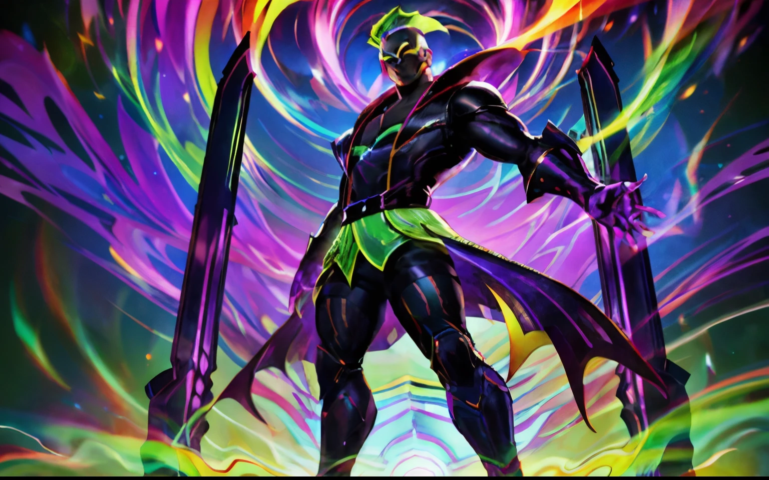 masterpiece, best quality, male, with a glowing mohawk, man reaches one hand towards the camera, large growing green smile, higheststyle, multicolored background, multicolored portal, full body in image, posing like a jojo character, camera is tilted looking at the character,