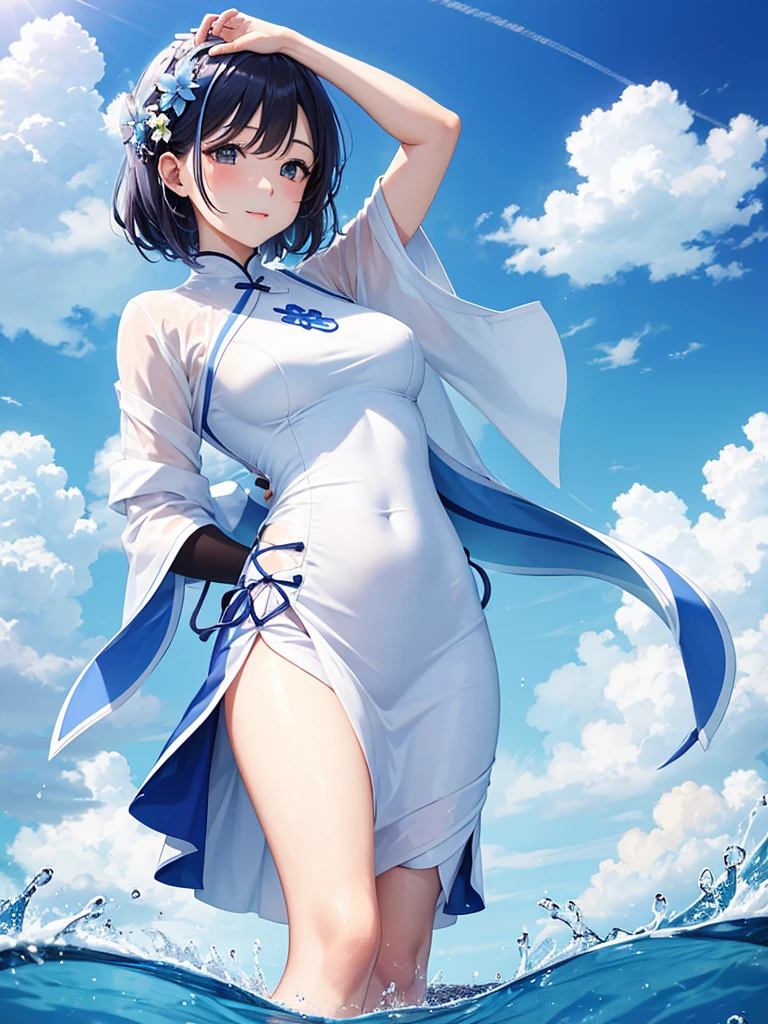 Masterpiece, best, 1 female, blue clothes, blue cheongsam, full body photo, ancient Chinese style, white cloth bun bun, black hair, shoulders, big breasts, slender legs, smile, white pantyhose, pantyhose lace side, white underwear, pale pink lips, embroidered dress