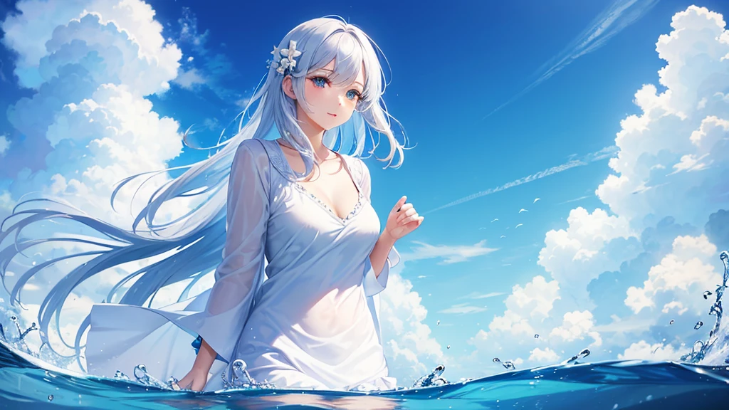 A woman,Mature,cute,pretty,white,blue,Colorful,cloud,flower,water