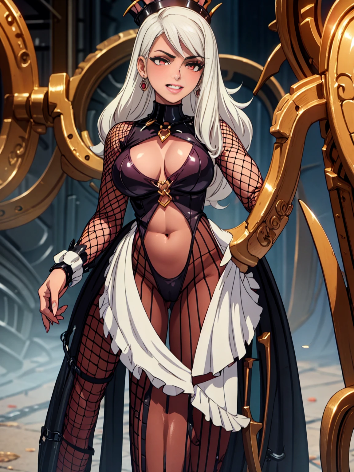 Nsfw,(perfect female proportions)++, (blush, milf, curvy body, voluptuous breast)++, beautiful detailed eyes, breast enhancement, toned female, glamorous perfect female proportion, (symbol of evil:1.2), horny woman, lascivious woman, (evil smile:1.1), (villain, dark heroine:1.2), (perfect female proportions:1.1), (seductive eyes:1.2), eyeliner, mascara, sexy makeup, (seductive smile:1.2), (mature woman:1.4), (milf:1.1), masterpiece, best quality, high quality, illustration, film grain, 1girl, (glowing evil red eyes), evil grin, crazy eyes, (high resolution, masterpiece, ultra best quality, insanely amazing hyper fine extremely detailed, official:1.4) dark heroine anime girl with short hair in a dark and evil place, extremely detailed artgerm, (official:1.4), dynamic composition, (solo girl:1.4), {nsfw}, masterpiece, ultra-detailed, iconic attack, dominatrix, spiked collar, fishnets, fishnet_legwear, 1girl, jewelry, solo, breasts, silver_hair, earrings, necklace, bodysuit,(illyasviel_von_einzbern)+++, 2D, bodysuit fishnets, unmoving_pattern, lips, pantyhose, chain-link_fence fishnets bodysuit, smile, looking_at_viewer, see-through, cleavage, long_hair, navel, makeup, nipples, red_eyes, lipstick, pearl_necklace, bodystocking, mature, nail_polish, gloves, revealing_clothes, ring,standing, solo_focus, solo girl, solo, cross,