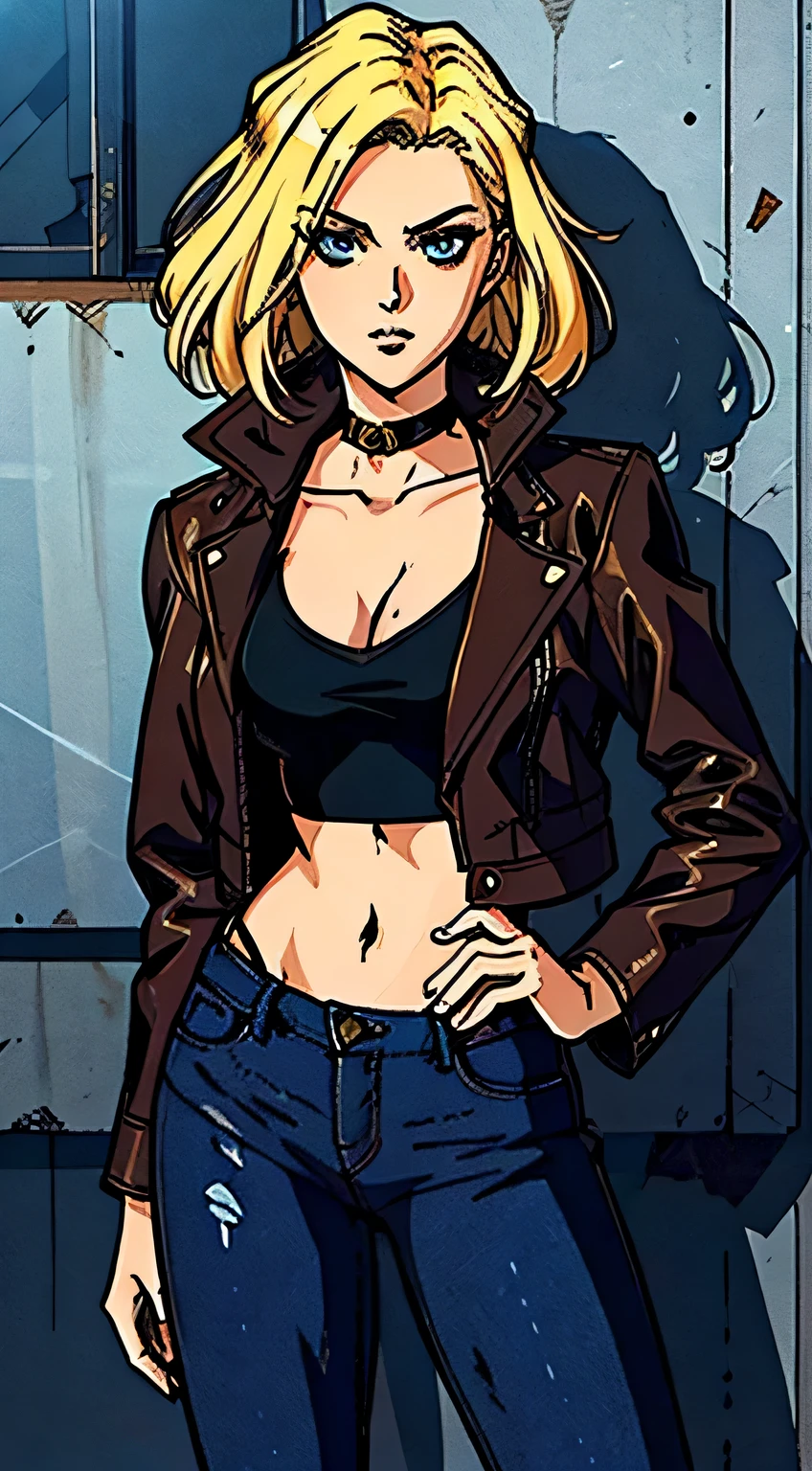 Beautiful woman with messy blonde hair, oval face, Sensitive features, Eyes that show intelligence., She wore a slim-fitting leather jacket that was mostly black and yellow...., He wore a brown jacket with a furry collar on top...., Her lower half was clad in dark blue jeans...., She stood casually with her hands on her hips...., The character designs reflect a punk style smuggler inspired by Japanese anime designs...., The artwork features intricately detailed character designs...., Featuring a Japanese manga art style for adults...., ((character concept art)), Drawing all characters, high definition, best quality, very detailed, very delicate, Anatomically correct, Symmetrical face, ดวงตาและใบหน้าที่very detailed, High quality eyes, creativity, raw photos, UHD, 8k, (natural light, professional lighting:1.2, movie light:1.5, best shadow), (Masterpiece:1.5)