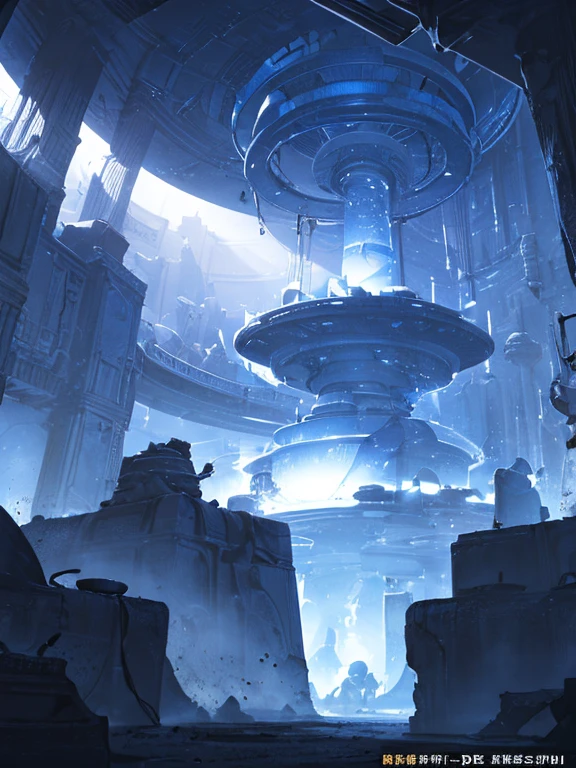 (dessiner) ((chef-d&#39;artwork, best quality)) rounded artifact, artifact in center, rounded skyclave relic artifact in ground, dust, few blue light, dark, dark ambiant, night, black, shadows, mechanical, coil, steel, desertic, desert, underground