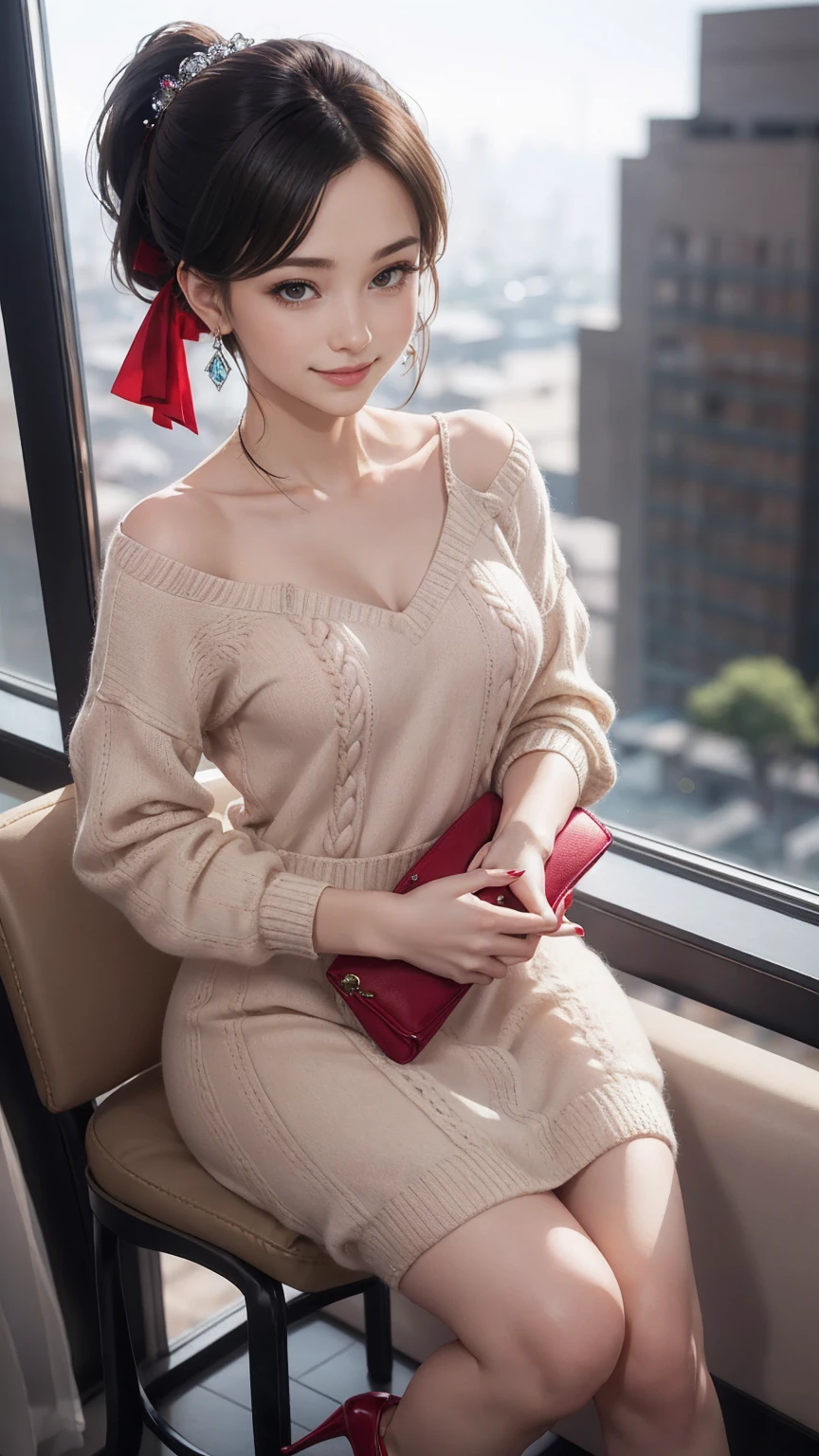 最high quality, 8K, masterpiece: 1.3, Ultra HD, high quality, 最high quality, High resolution, realism)) 、slender、slenderだがアスリートのような細マッチョ、I don&#39;t want my head to disappear from the screen.、Wear accessories on your wrist、Wearing red nail polish、I have a peticure、aerial perspective((atmospheric perspective))、smile((smiley))、background blur((depth of field)、Knit dress((knit dress))wear、Wear stiletto heels、have a clutch bag、crystal earrings((crystal earrings))、Hair behind ears((hair behind ear))、chest pocket、In a high-end brand store、Folded ponytail((folded ponytail))