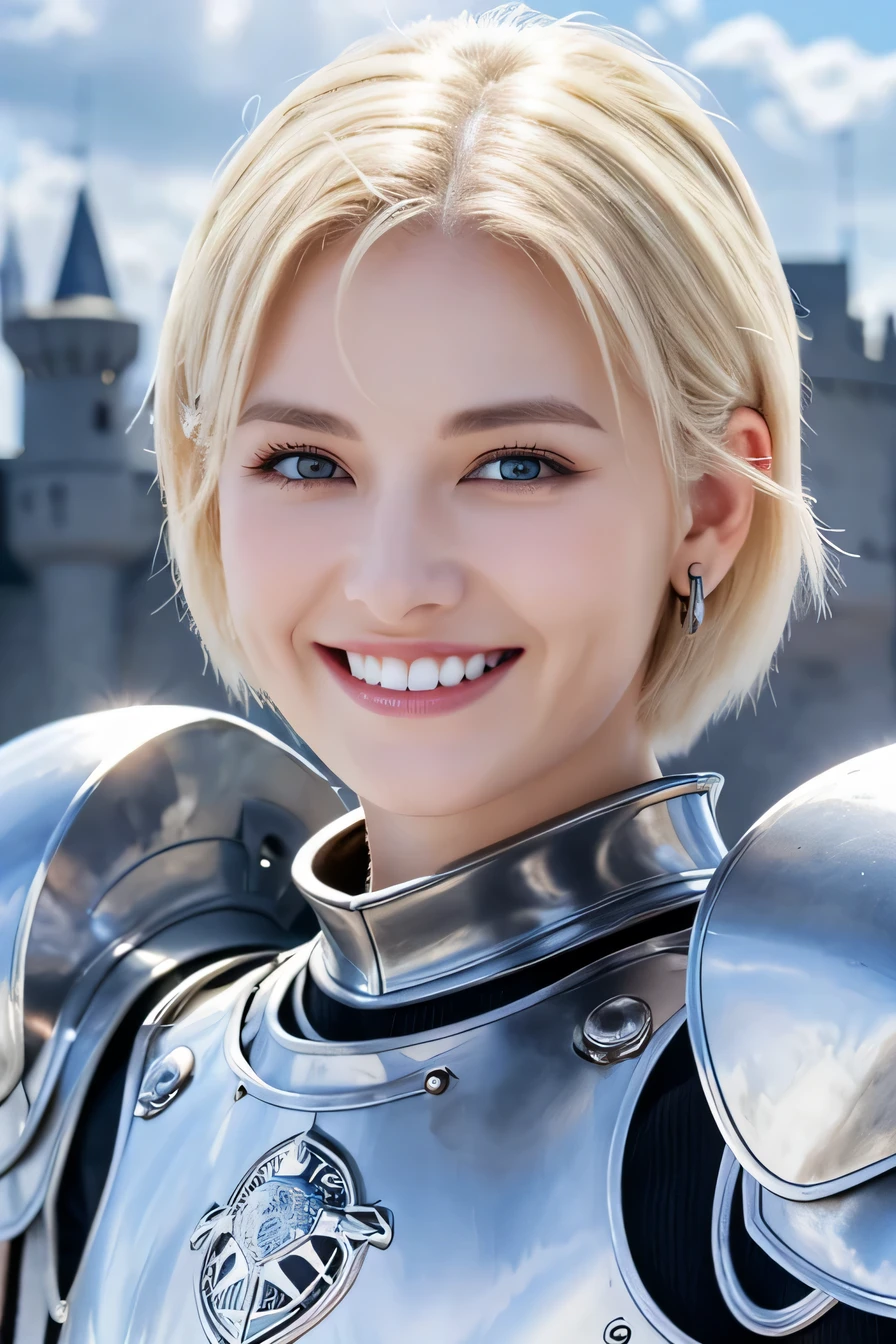 highest quality、8k、female knight、The background is a castle、Luxurious Silver Armor、smile、beautiful teeth、full body photo、hairstyle short cut、ear piercing、white woman、blonde hair、blue eyes、Gummy Smile、The background is a cloudy sky、heavy makeup、mouth half open、fierce々New helmet