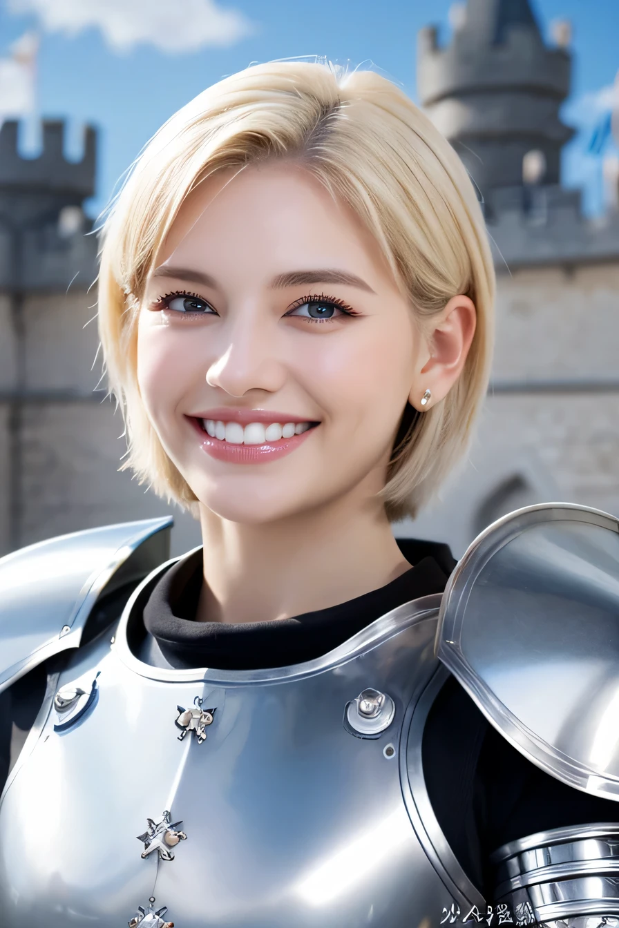 highest quality、8k、female knight、The background is a castle、Luxurious Silver Armor、smile、beautiful teeth、full body photo、hairstyle short cut、ear piercing、white woman、blonde hair、blue eyes、Gummy Smile、The background is a cloudy sky、heavy makeup、mouth half open、fierce々New helmet