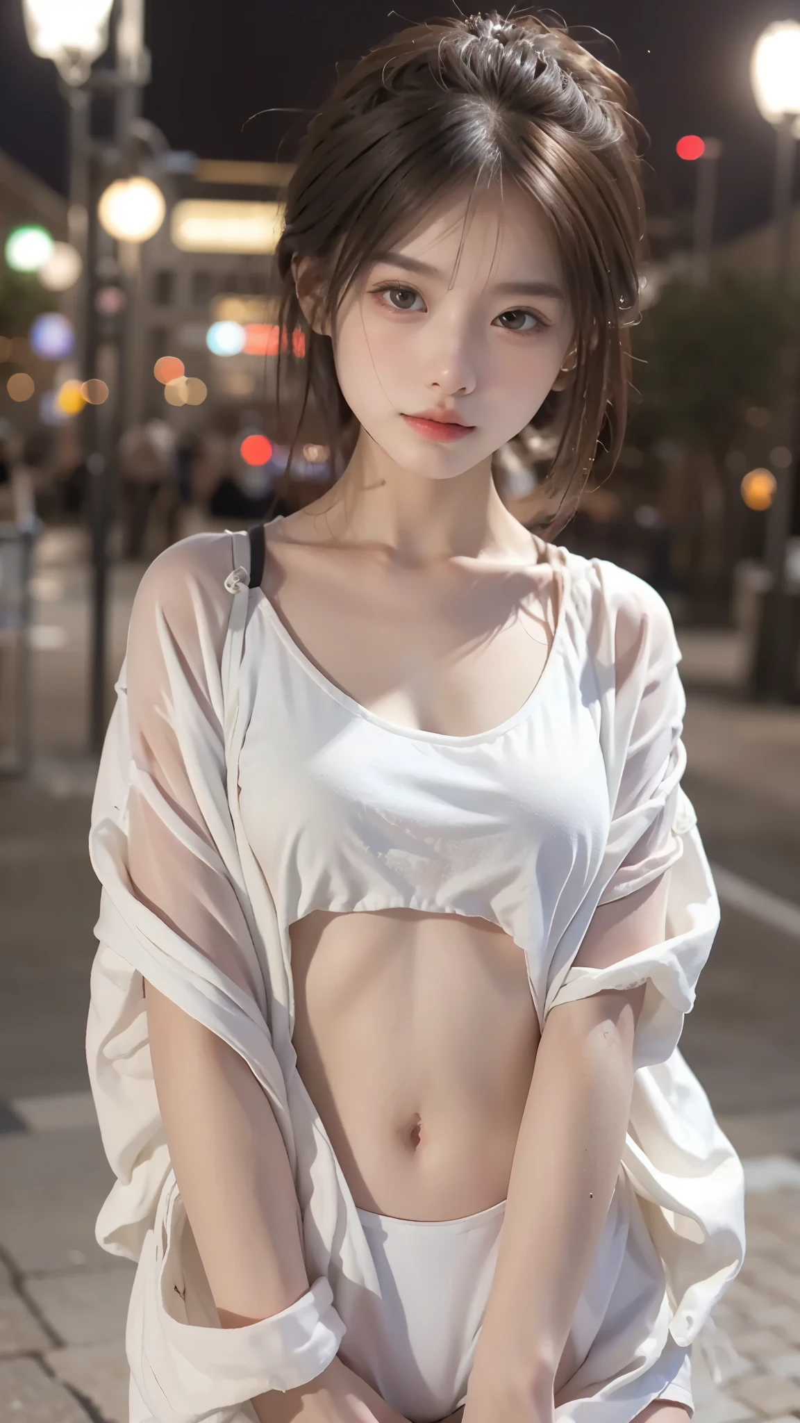 (masterpiece), (highest quality), (highest quality), (most detailed), (Super detailed), ((very delicate and beautiful)), 8K, (realistic:1.3),girl,simple,brown eyes,big breasts,Wearing a large outerwear,City of night,white shirt,short hair,Beautiful night view,,Raw photo, 1 girl,, short hair,swimsuit