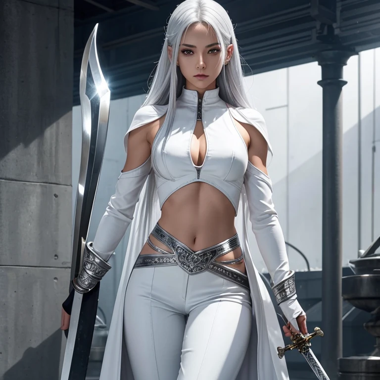 Manhwa Style，younger female，long  white hair，Kamimei ，Green eyes，Sense of oppression，frontage，tmasterpiece，striking visual effects，s the perfect face，Full body，Epic and beautiful character art，Stunning character art，highest details，vibrant with colors，offcial art，best qualityer，extremy detailed，rich colourful，Visible abrasions on the right side of the face，Hold a sword in your left hand，on one knee