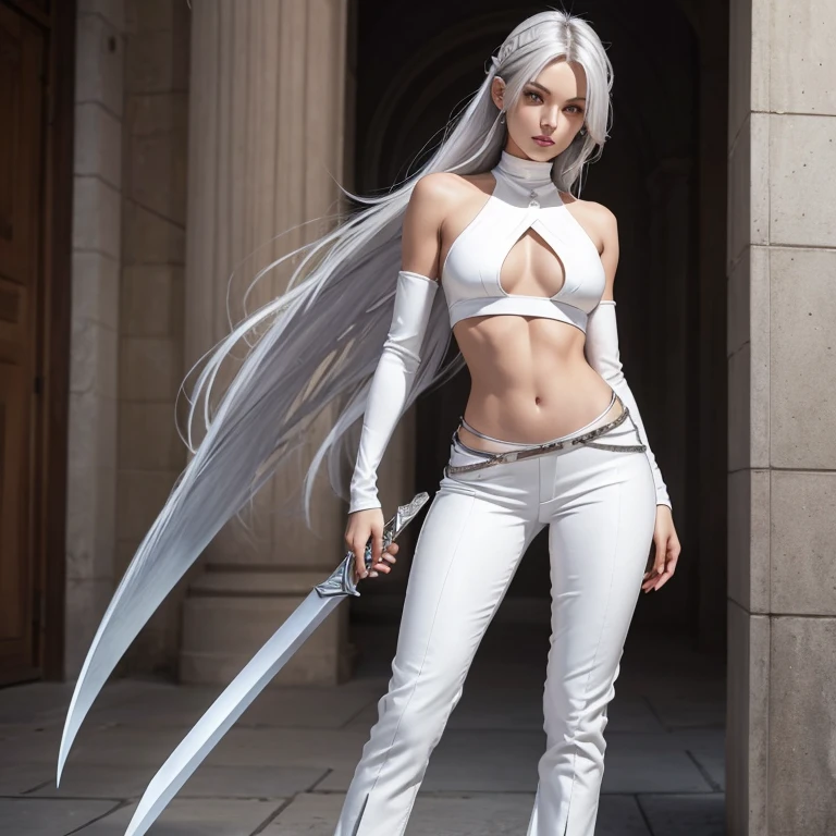 Silver hair with silver eyes and a slende hot body female ,with a crop like top and trousers white with long white boots , two swords at her back