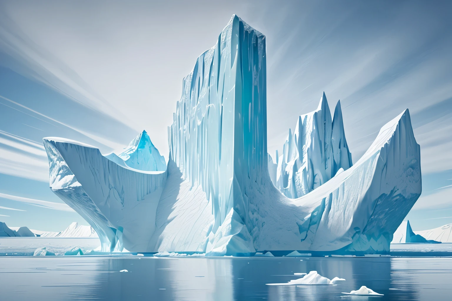 In the icy realm of polar regions, a majestic iceberg stands tall, gleaming in the sunlight. Its towering form is a testament to nature's power and beauty, captured in a stunning photograph. The crystal-clear image showcases the intricate patterns of ice, glistening in shades of pristine white and shimmering blues. Each crack and crevice tells a story of resilience and strength, inviting viewers to marvel at the frozen landscape's captivating allure.