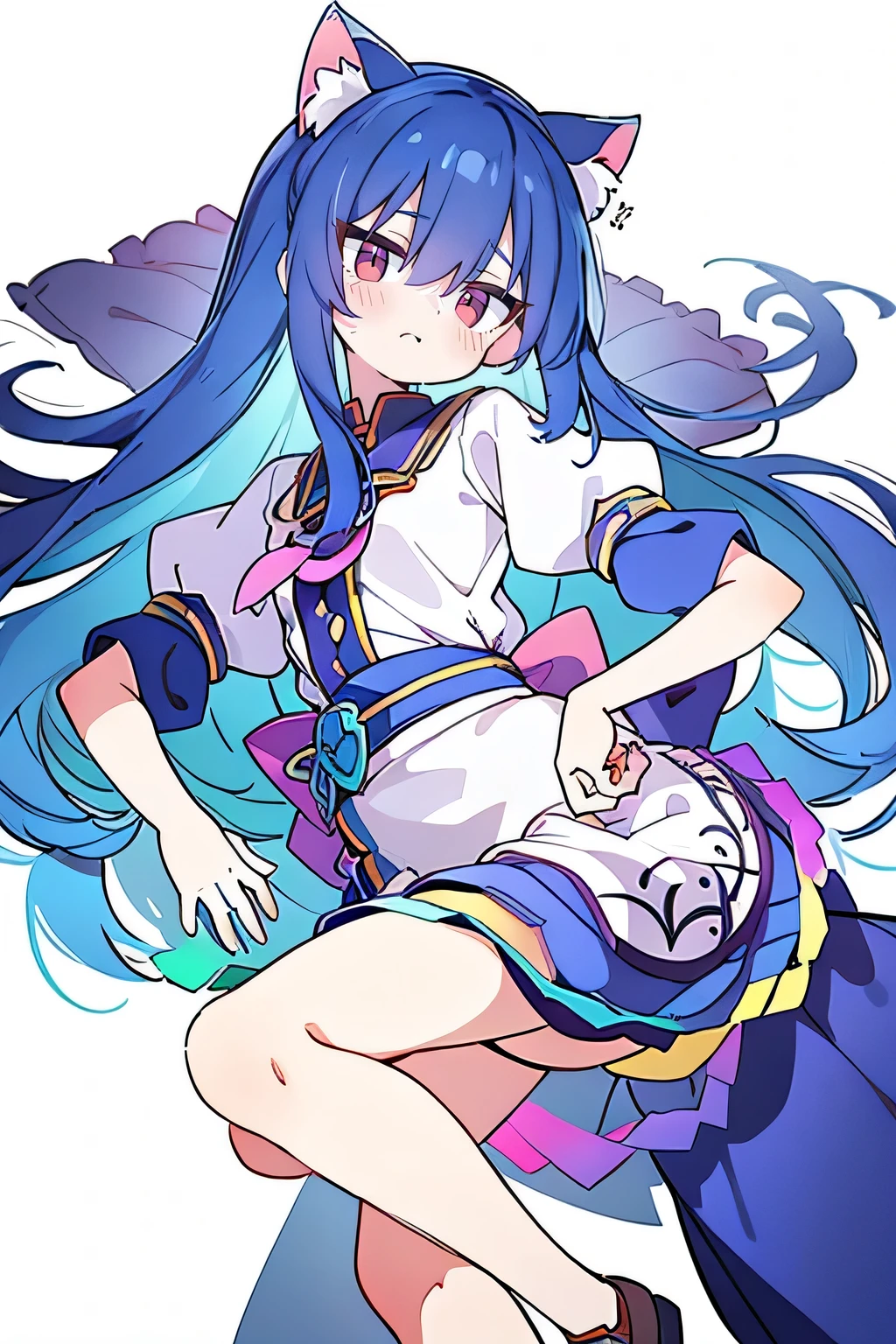 (Masterpiece), best quality, expressive eyes, perfect face, 1girl,
Put your hands on your waist, fair, gorgeous, Japanese comics, girl, Lola, young angel, blue hair, blue hair, flowing clothes, hug the waist, hug the waist, hands on hips, hands on hips, lay down , lying on the ground, legs on the ground, flat chest, cat ears