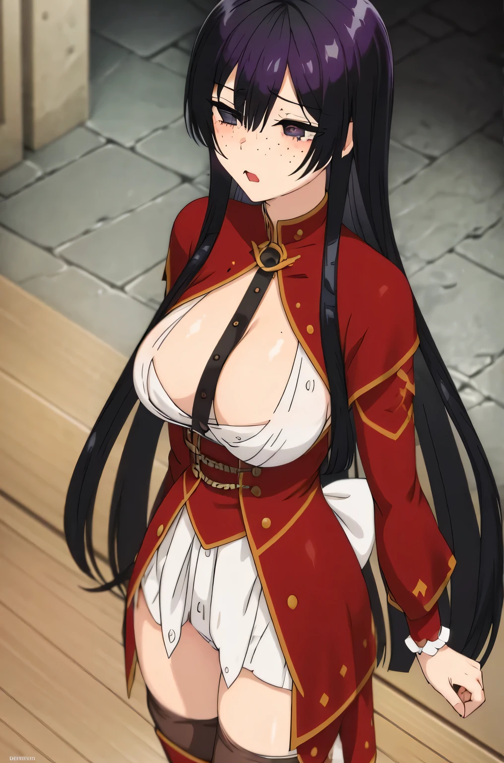 score_9, score_8_up, score_8,blach hair game character, smeared makeup, crying, blush, freckles, very detailed black eyes,pretty woman, cute, long hair, medium breasts, ,redhead,30 yo,chained, handcuffed, on her knees, on the ground, gaping asshole, anal gape,scared, 1man, guard, fucked from behind, anal penetration, screaming, crying, sex, tied to a wall, bare breasts, breasts showing, cum covered, tongue out, cum on tongue, hair covering eye, face down, ass up,afraid, scared, screaming, saliva, dripping, crying, edgHarness, wearing edgHarness, leather harness edgChoker, 1girl, solo, close-up, wearing edgChoker Expressiveh