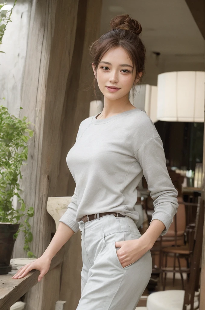femme, 20 30 ans, European origin , Realistic, yeux vert, 170 cm, sourire, physique de danseuse, cheveux brun, peau claire, naturelle, elegant, casual outfit, mange au restaurant