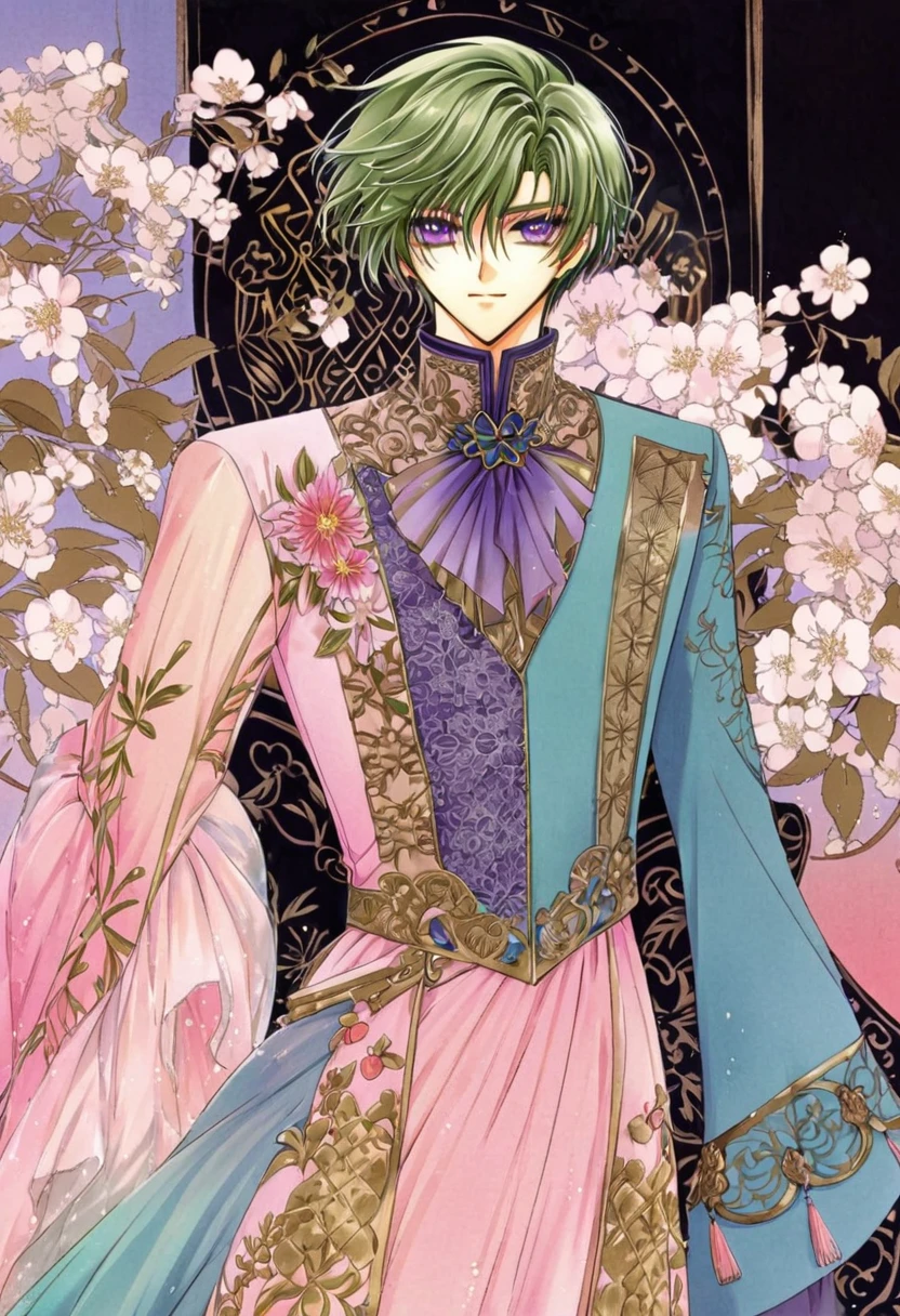 Anime male with olive green hair, detailed purple eyes, and a vibrant personality, Cottagecore vibes, with a touch of whimsy and charm. Shota. Shotacon. Vtuber design with a meticulously crafted outfit, featuring intricate patterns and textures. The best quality, high-resolution artwork that captures every exquisite detail. Soft, pastel colors reminiscent of a tranquil countryside. Studio lighting that accentuates the character's features and brings out the depth of the scene.