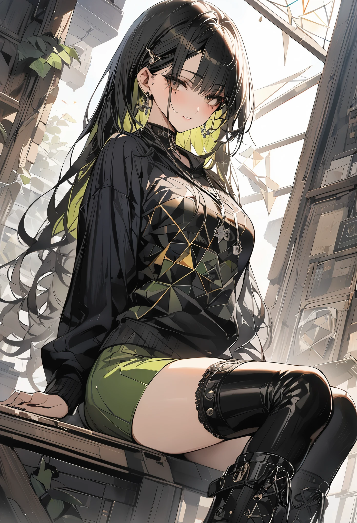 ,mole under eye, (masterpiece, highest quality), official art, beautiful and aesthetic: 1.2), (1 girl), very detailed, (geometry art: 1.3), colorful、black bob hair、 whole body、black jumper、green mini skirt、knee high boots