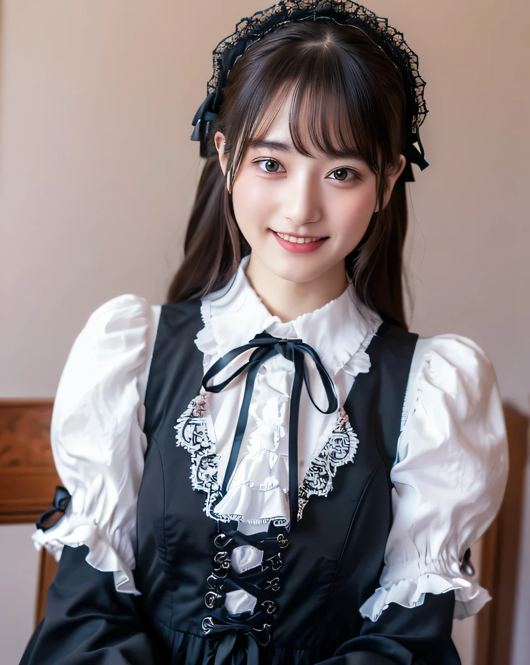 1 nogizaka girl, So cute, bishojo, 20-year-old, (gothic lolita fashion), A delicate and beautiful face, eyes, and skin, dense black shiny hair, elegant ruffles, ruffle tie, ribbon tie, Rose Hair Accessories, (smile at the camera), (cowboy shot), (european castle), professional lighting, break, big 、(realistic, photo-realistic:1.37), 8K, (masterpiece), (highest quality:1.4), (ultra high resolution:1.2), (Raw photo:1.2), (dress with delicate lace, soft fabric, and a beautiful rose pattern), super detailed background, (unity 8K wallpaper)