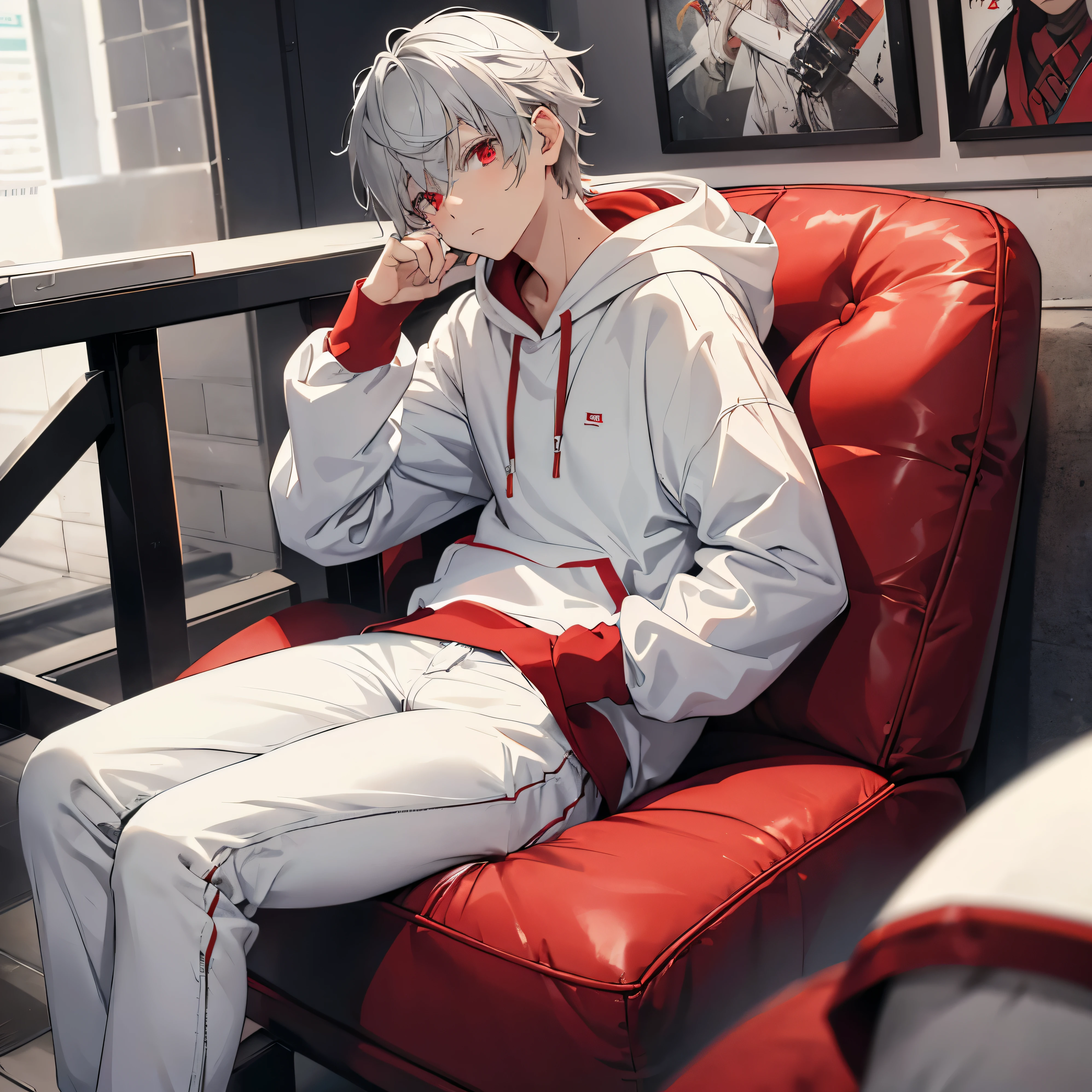 1 boy, gray hair, red eyes, White and red hoodie, white jeans, good looking, cute, Watch the viewer from the side, zoom on face, teenager, hot