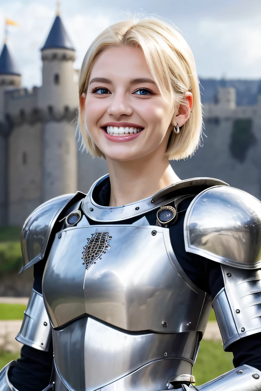 highest quality、８ｋ、female knight、The background is a castle、Luxurious Silver Armor、smile、beautiful teeth、full body photo、hairstyle short cut、ear piercing、white woman、blonde hair、blue eyes、Gummy Smile、The background is a cloudy sky、heavy makeup、mouth half open、fierce々New helmet