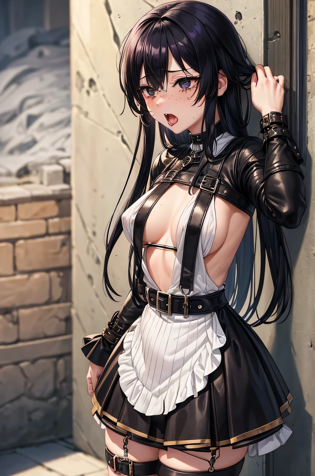 score_9, score_8_up, score_8,blach hair game character, smeared makeup, crying, blush, freckles, very detailed black eyes,pretty woman, cute, long hair, medium breasts, ,redhead,30 yo,chained, handcuffed, on her knees, on the ground, gaping asshole, anal gape,scared, 1man, guard, fucked from behind, anal penetration, screaming, crying, sex, tied to a wall, bare breasts, breasts showing, cum covered, tongue out, cum on tongue, hair covering eye, face down, ass up,afraid, scared, screaming, saliva, dripping, crying, edgHarness, wearing edgHarness, leather harness edgChoker, 1girl, solo, close-up, wearing edgChoker Expressiveh