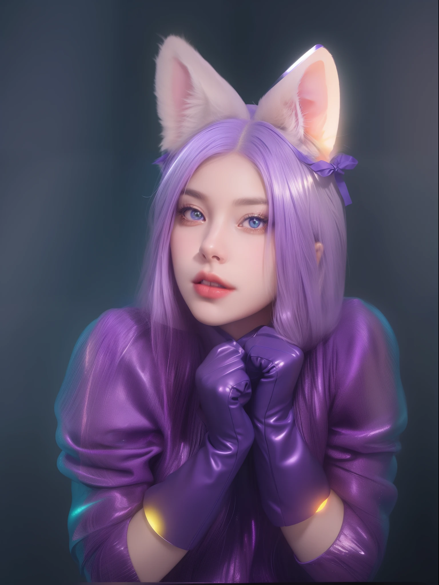 purple haired girl with purple gloves and a purple cat costume, purple cat, she is scared, headshot of young female furry, woman with cat ears, girl with cat ears, beautiful young catgirl, anime cosplay, purple metal ears, cosplay photo, glossy texture, smooth 3d model, multiple light sources, rim light, sharp post effects render, (glossy plastic texture with multiple big light probe refractions), perfect cgi, smooth silhouette, high intensity refraction, (super glossy material), most beautiful vfx, blue background, plastic refractions, realistic, 4k, high resolution, rim light, photo shoot, commercial photo, profile shot, 4k, rim light, high resolution, 4k, glossy texture, smooth 3d model, multiple light sources, rim light, sharp post effects render, (glossy metallic texture with multiple big light probe refractions), perfect cgi, cgi art created only with gradients, smooth silhouette, high intensity refraction, (super glossy chrome material), most beautiful vfx, blue background, chrome metal refractions, multiple light sources, rim light, sharp post effects render, perfect cgi, digital art, detailed digital art, reflective, best quality, 4k, masterpiece:1.2, ultra-detailed, realistic, vivid colors, dark and moody lighting, The image of the highest quality, ensuring every detail showcased perfectly. It in 4k resolution, allowing viewers to immerse themselves in the richness of the colors and intricate details. The realistic rendering. under the spotlight, reflecting, high-resolution image, realistic rendering, dark background, and rim light photorealistic