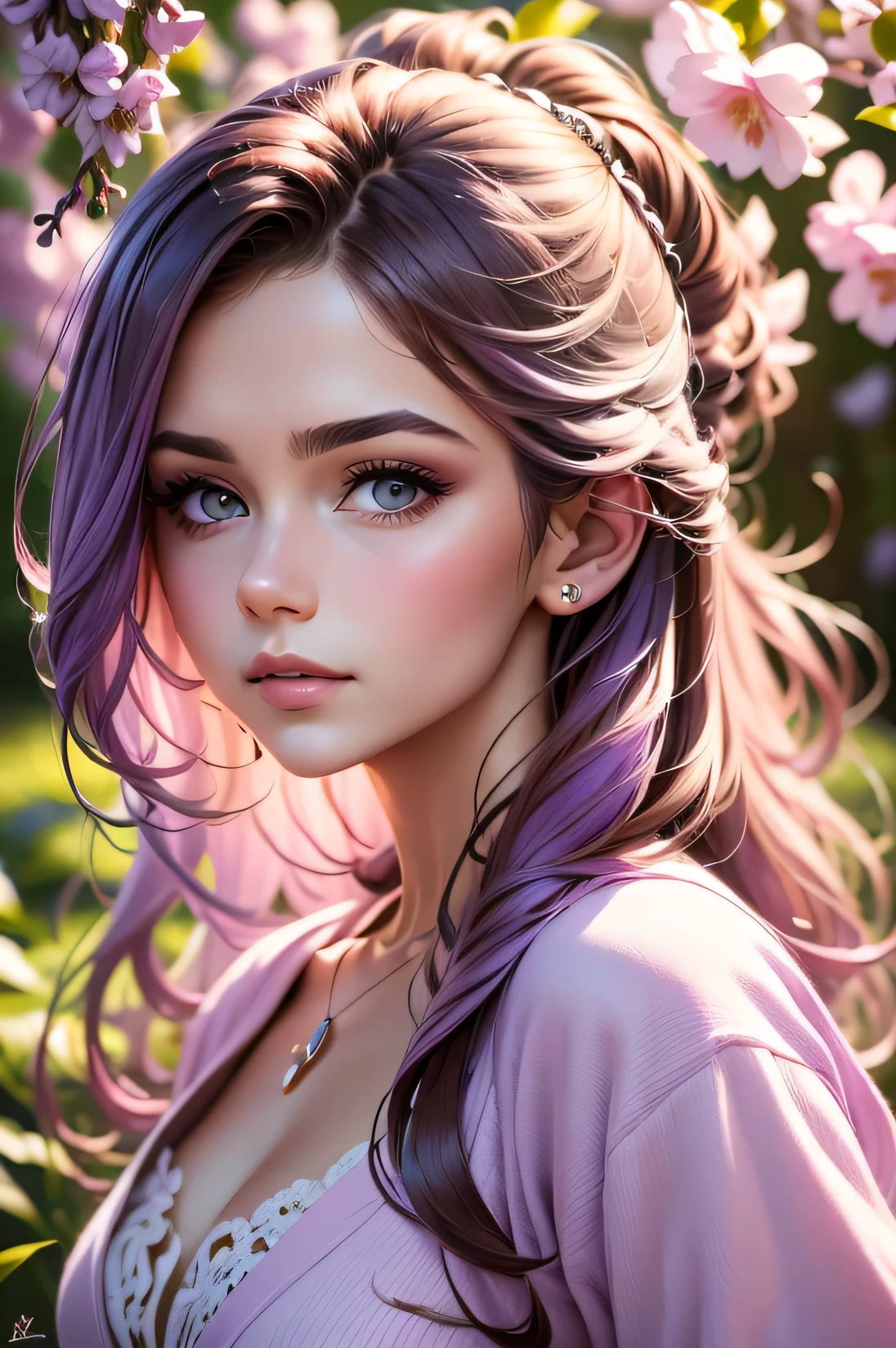 A beautiful girl with brown hair stands in the middle of lilac, the background is full of lilac flowers. beautiful,stylization,16k,poster