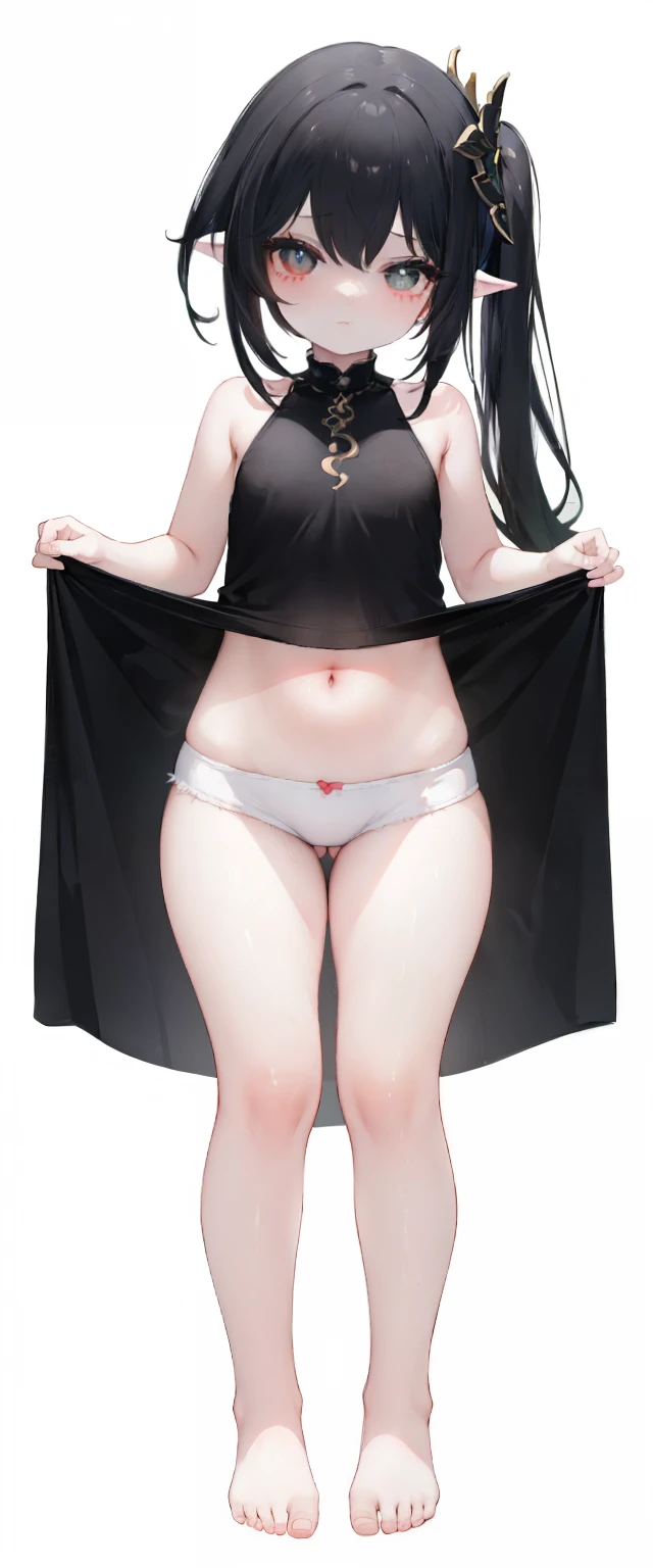 ,child,cute,black hair,thick thigh ,short leather pants,black mini camisole, thick thighs,flat chest,black color tank top,black mini camisole,crop top, Nahida, ,child,flat chest,fullbody, thick thighs, blushing,lolild, standing straight, head to toe capture on the frame,loli,,looes,baeet,, ,white background, cute,open abdomen,perfect body ratio, body ratio, white background, front facing, looking at viewer, ,, baby girl