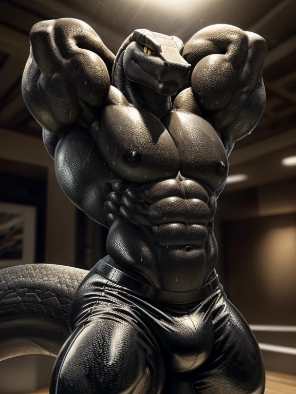 Black scaly snake anthro, ((sleek snake head)), ((muscular body)), (( big arms, big torso)) ((black scales on body)), ((hyper bara)), ((black body)), serpent head, flex, muscular, barazoku (Sharp focus, masterpiece, 8k, intricate artwork, hyper detailed, high detail), (wearing latex pants, sleek latex pants), ((full black body, black skin)), ((sweaty black body)), ((arms behind head, flexing arms)), fully black,