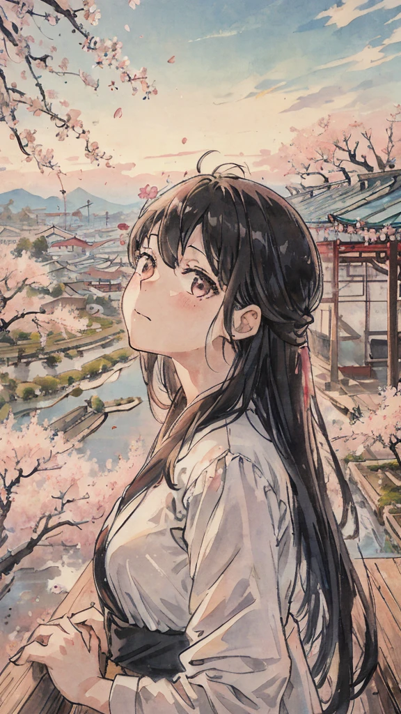 highest quality, masterpiece, very detailed, detailed background, anime, girl1名, 若いgirl, girl, SF, cherry blossoms, outdoor, morning, greenhouse, giant structure, Wind景, scenery, horizon, look up at the sky, Wind, avert your eyes, atmosphere lighting, focus only, close, From the side, Depth of written boundary,black hair,detailed face