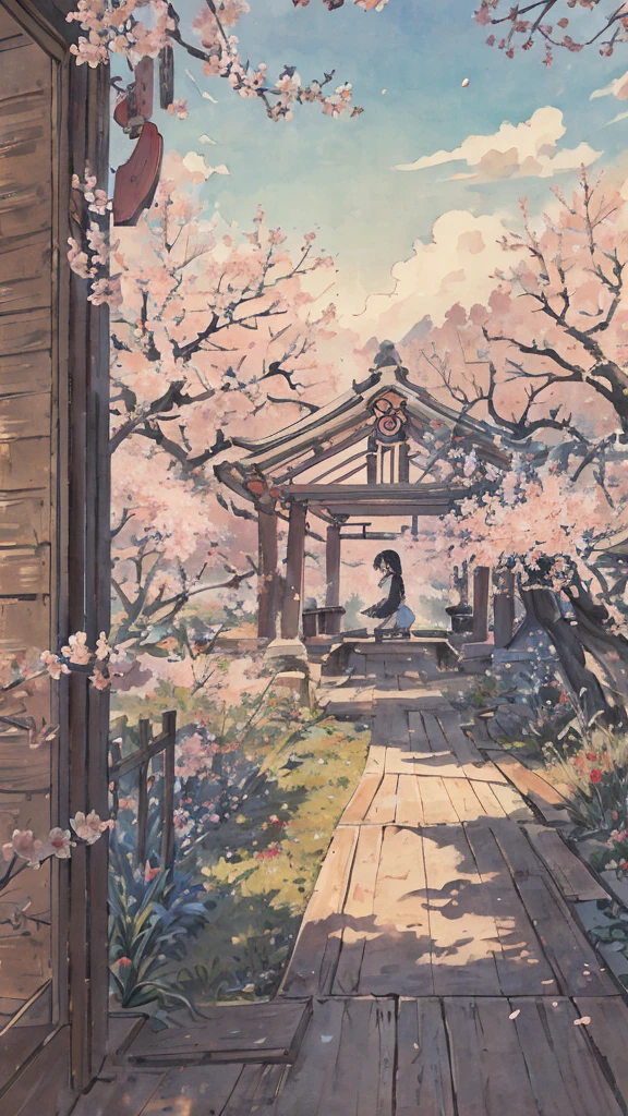 highest quality, masterpiece, very detailed, detailed background, anime, girl1名, 若いgirl, girl, SF, cherry blossoms, outdoor, morning, greenhouse, giant structure, Wind景, scenery, horizon, look up at the sky, Wind, avert your eyes, atmosphere lighting, focus only, close, From the side, Depth of written boundary,black hair,detailed face