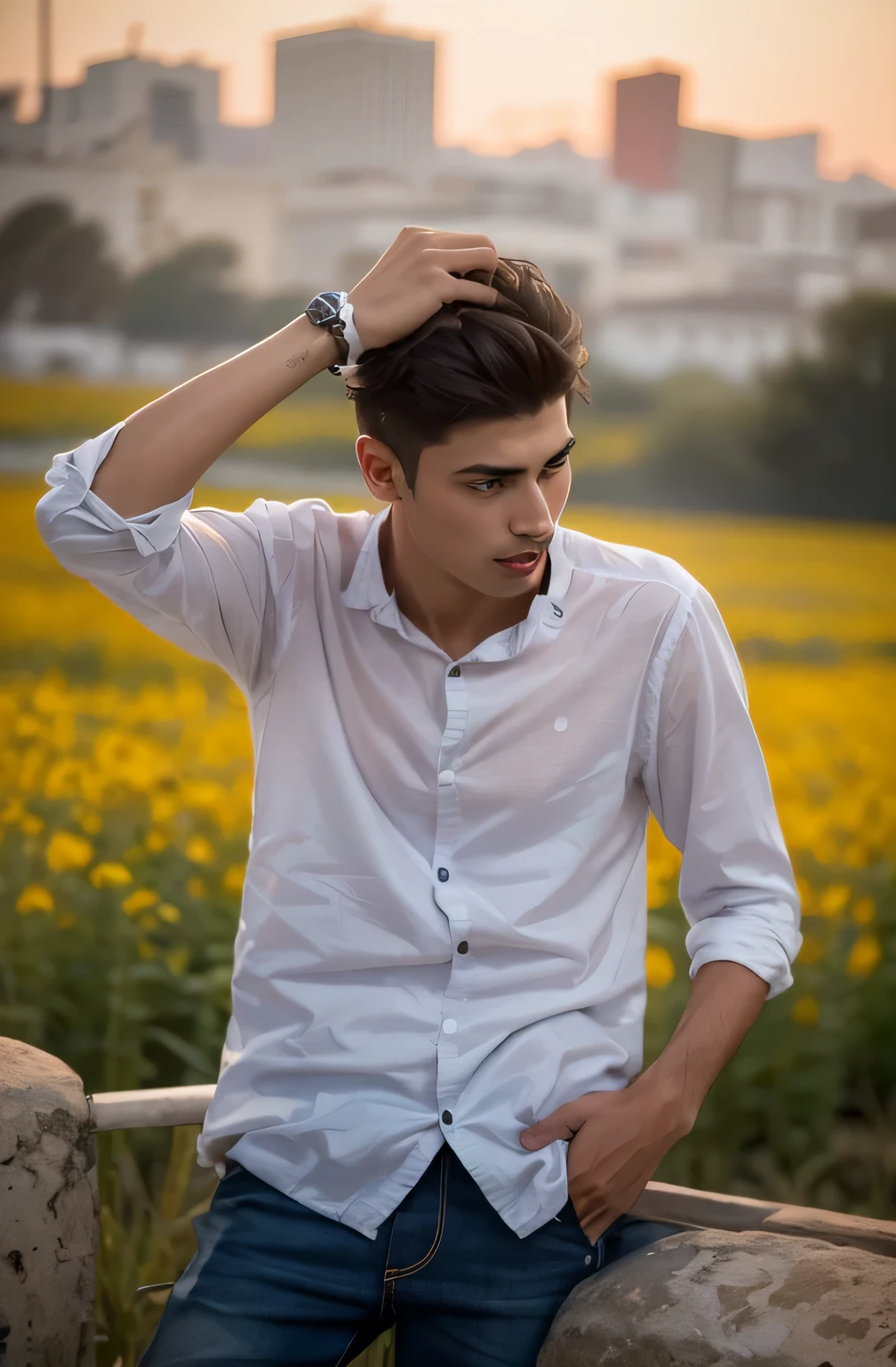(RAW photo, best quality, highest quality, masterpiece:1.2), (realistic, photo-realistic:1.37), ultra high res, (1 boy 20 year's old, Tirkish handsome:2.0), (summer night sunset:1.3), (black round neck plain Tee-shirt, blue jeans:1.3), (standing in flower field:1.4), model style open legs, (focus face:1.3), (high contrast:1.1), (detailed background:1.3), dynamic pose, intricate detail, delicate pattern, (vibrant, colorful:1.3), (high sharpness), middle eastern guy, fashion posing, short black hairstyle, plain regular fit lose Tee-shirt no printing on Teeshirt, light bearded, Turkish boy.