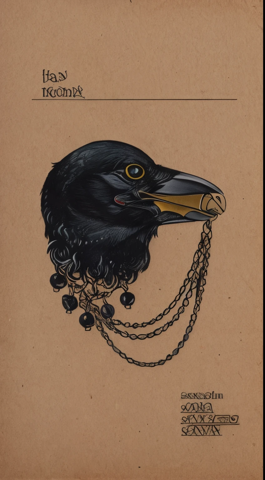 There is a black bird with a chain around its neck, crow head, portrait of plunder, detailed crow illustration, plunder, crow portrait!!!!!, Inspired by Gonzalo Endara Crow, Keizer Butcher, Ink illustration, crow, black ink illustration, artistic drawing of a crow, dark crow, plunder monster, plunder mask, author：Aya Goda