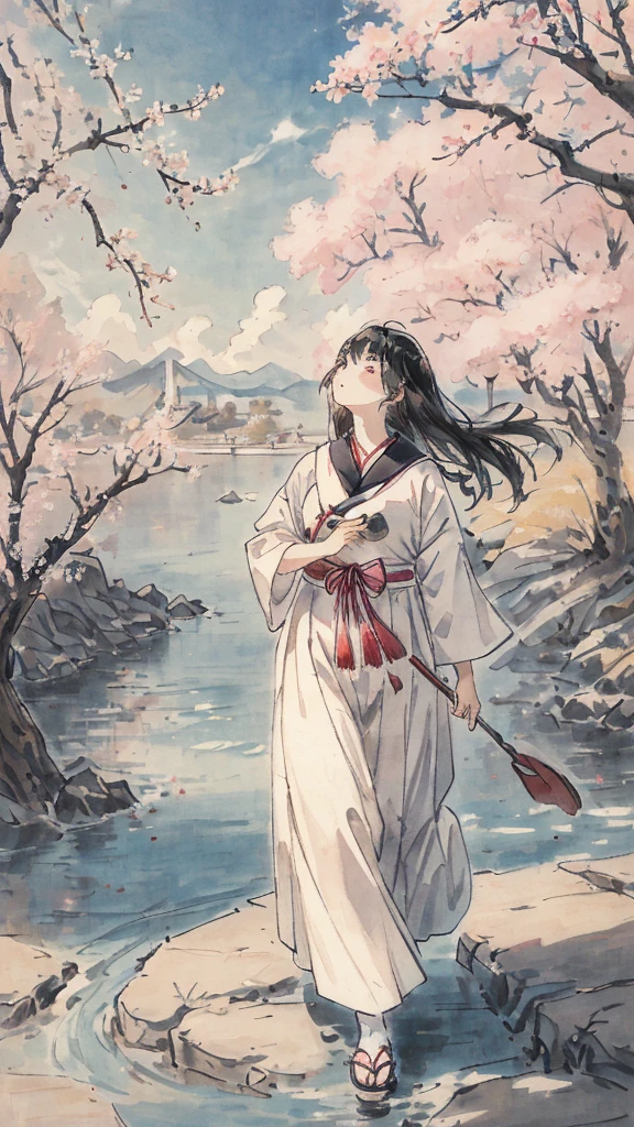 sailor suit、teenage girl、with paddle、soft lighting、more pale、black hairの、Floral,cherry blossomsのWind景, highest quality, masterpiece, very detailed, detailed background, anime, girl1名, 若いgirl, girl, SF, cherry blossoms, outdoor, morning, greenhouse, giant structure, Wind景, scenery, horizon, look up at the sky, Wind, look away, atmosphere lighting, focus only, close, From the side, Depth of written boundary,black hair,detailed face,walk on the road